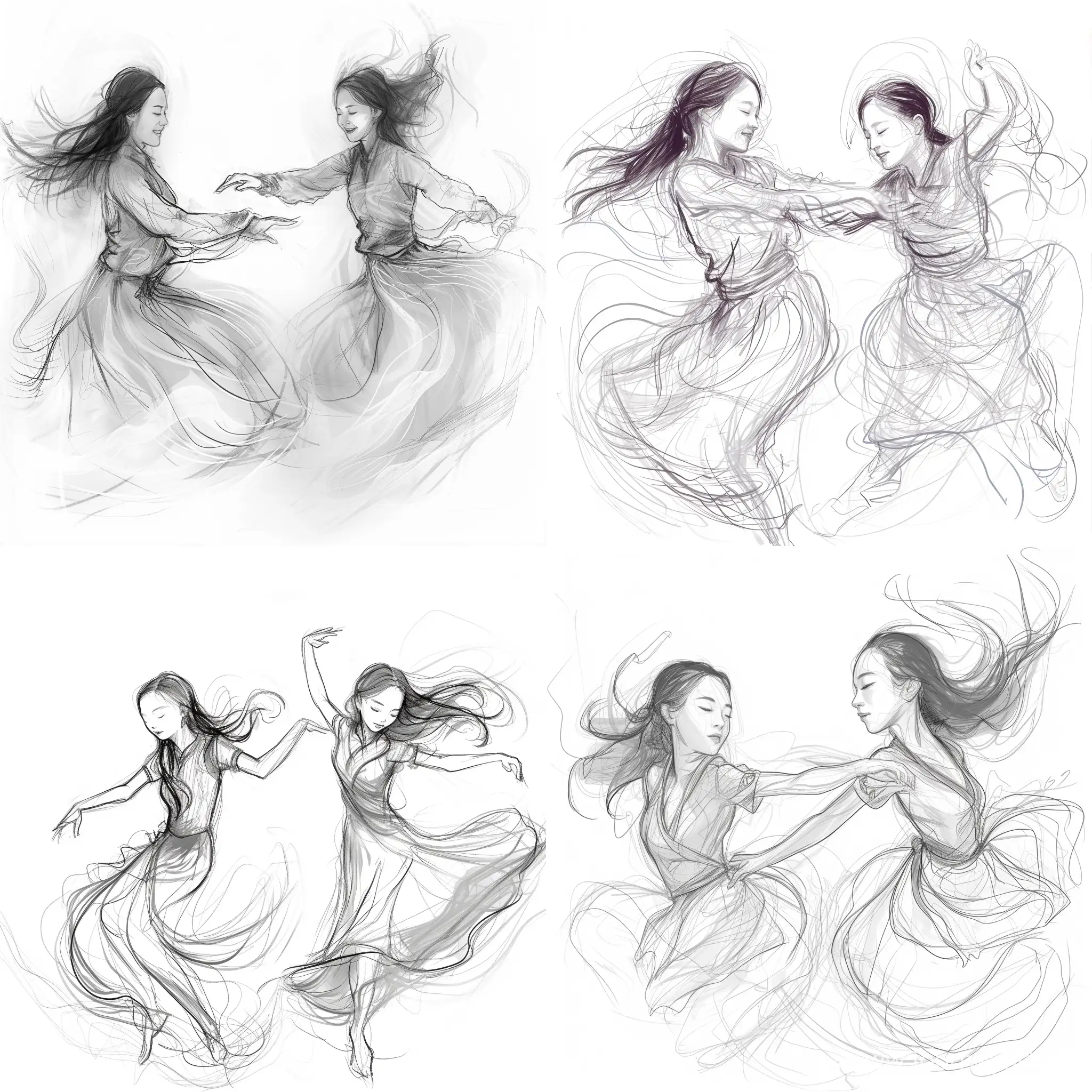 two dancing girls in the image of rivers, their movements are light weightless,the girls' faces are Asian, their facial features are proud and majestic, the sketch drawing style is full-length
