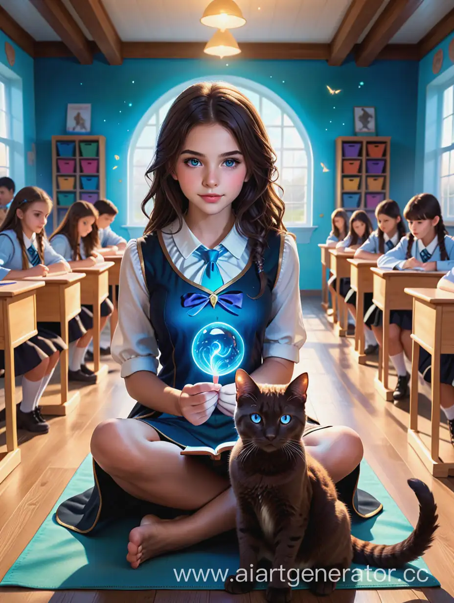 Fantasy-Academy-Student-with-Familiar-Cat-in-BlueGlowing-Classroom