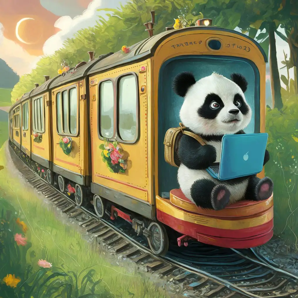 Panda Traveling with Laptop on Train
