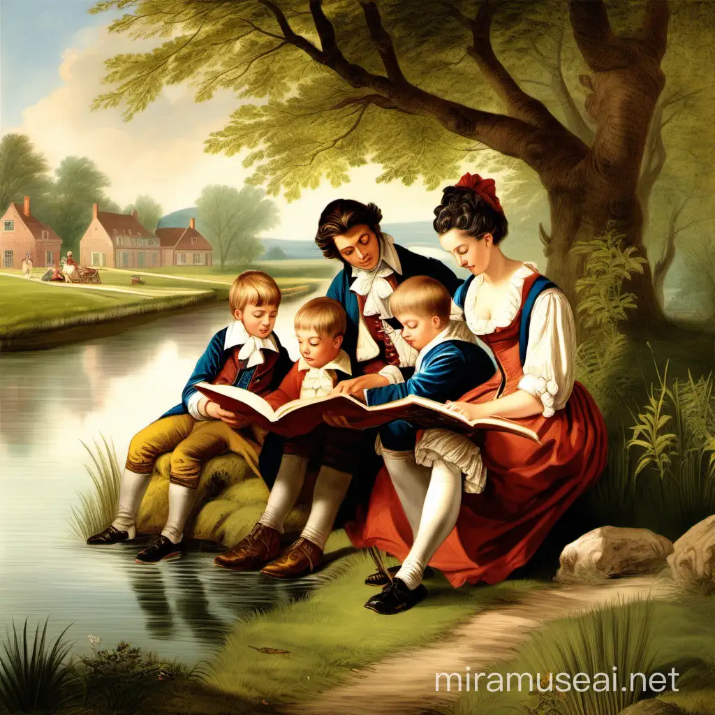 18th Century Mother Reading Exciting Book to Sons by Stream