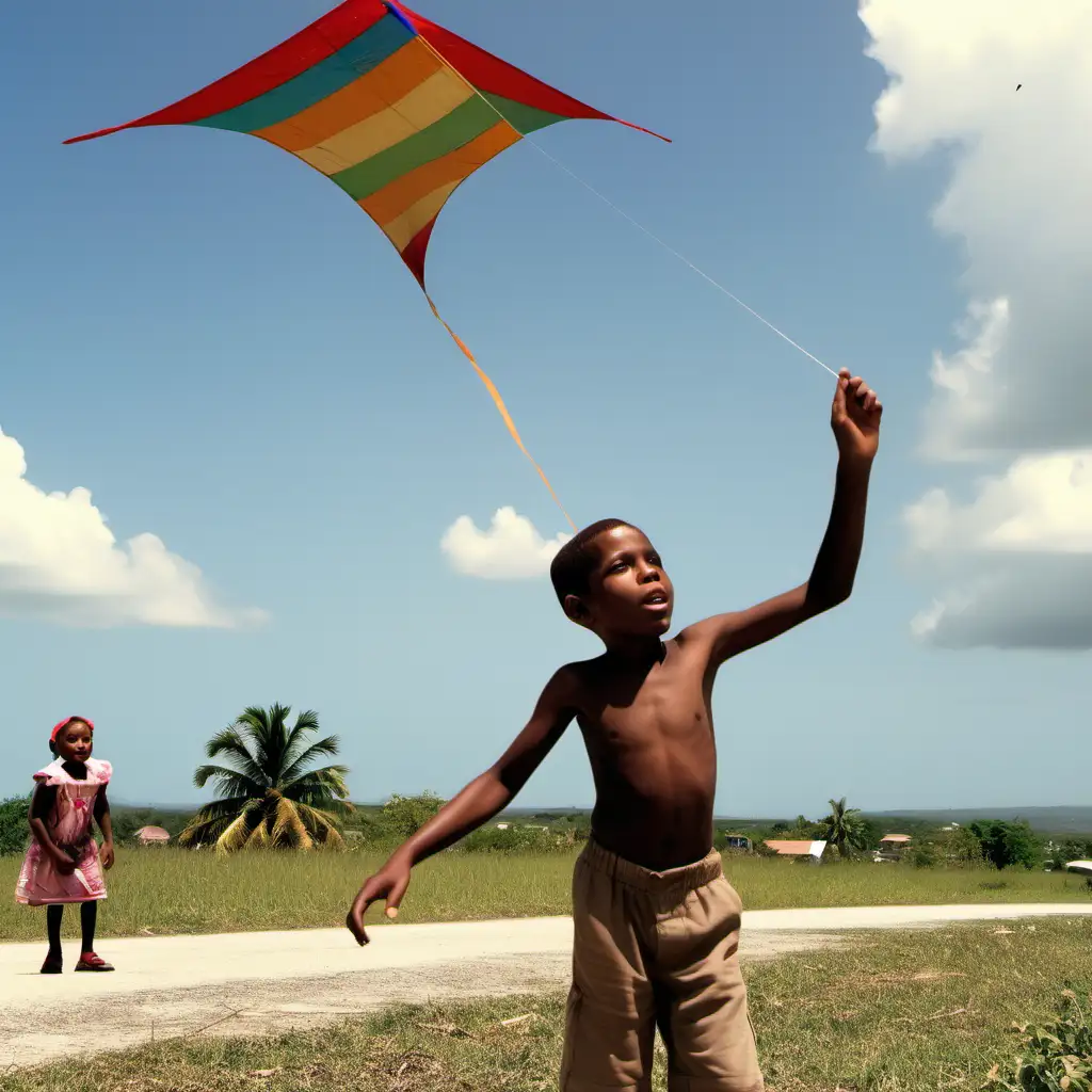 A brown colored nine year old boy in rural Jamaica is looking and the flying a kite far in the air, the kite is multicolored, he holds the reel of cord in his hand, a little girl light brown in complexion is watching also some adults