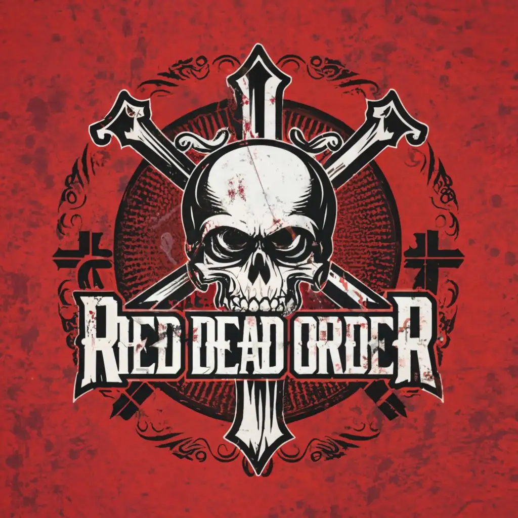 a logo design,with the text "Red Dead Order", main symbol:Holy black cross sitting on top of a white skull. Surrounded by a red banner with the name "Red Dead Order",Moderate,be used in Entertainment industry,clear background