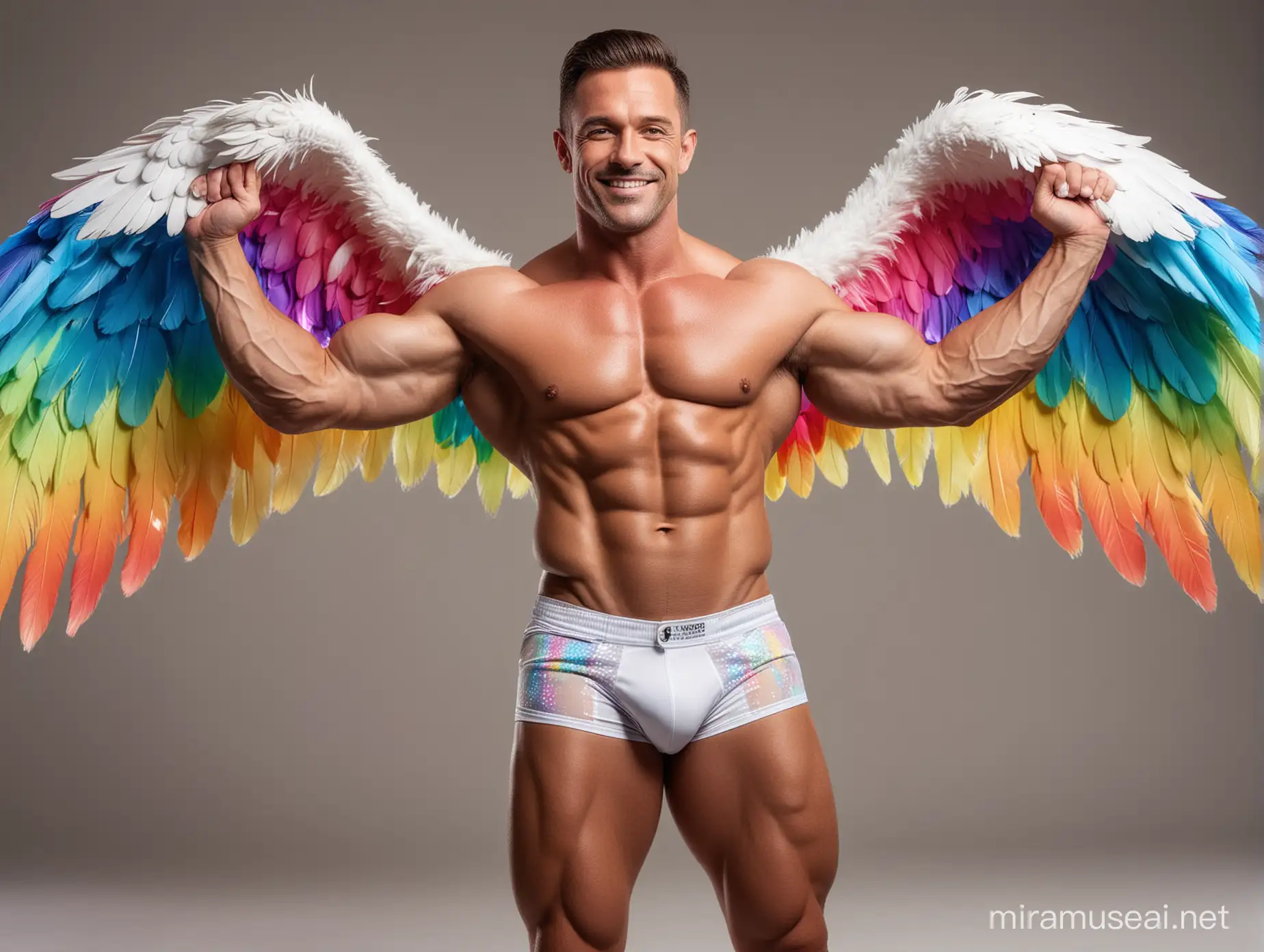 Studio Light Full Body to feet Topless 30s Ultra Chunky IFBB Bodybuilder Daddy with Great Smile wearing Multi-Highlighter Bright Rainbow with white Coloured See Through Eagle Wings Shoulder LED Jacket Short shorts left arm up Flexing Bicep Pose