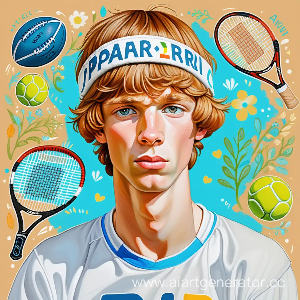 красивый разноцветный милый и добрый рублёв андрей теннисист с мячом футбольным на голове, а на одежде надпись:"PARI"
