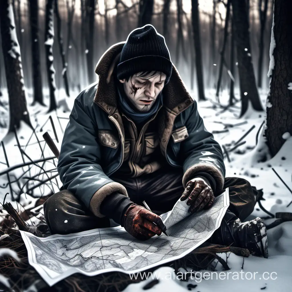 Выживающий в апокалипсис человек разорванная грязная одежда сидит в лесу зимой чертит самодельную карту 