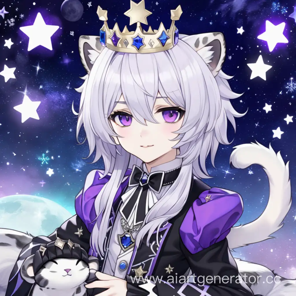 Vtuber snow leopard prince gothic evil space cute little crown purple stars ouji fashion lolita white hair black tips