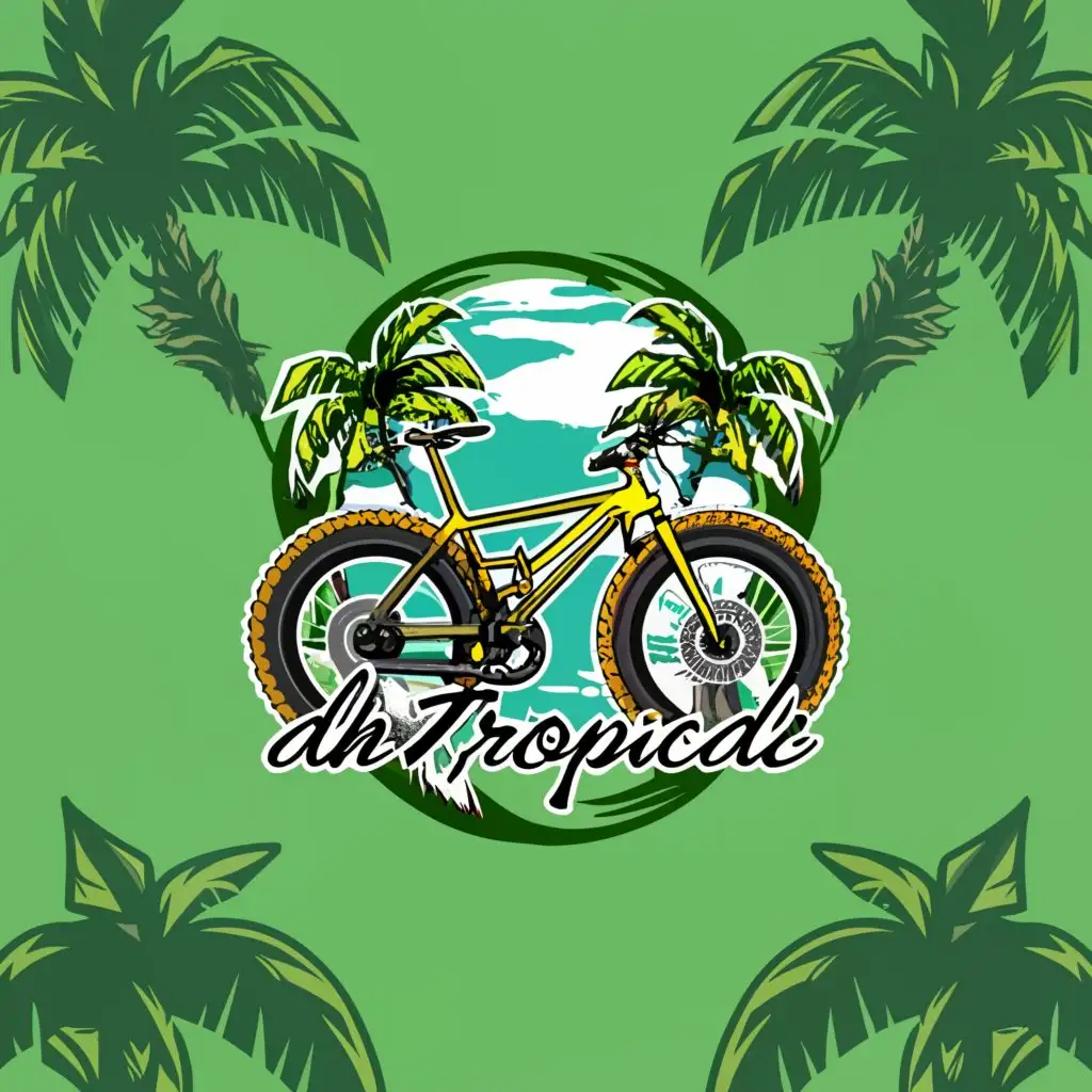 a logo design,with the text "DH Tropical", main symbol:Mountain bike, palm tree,Moderate,clear background