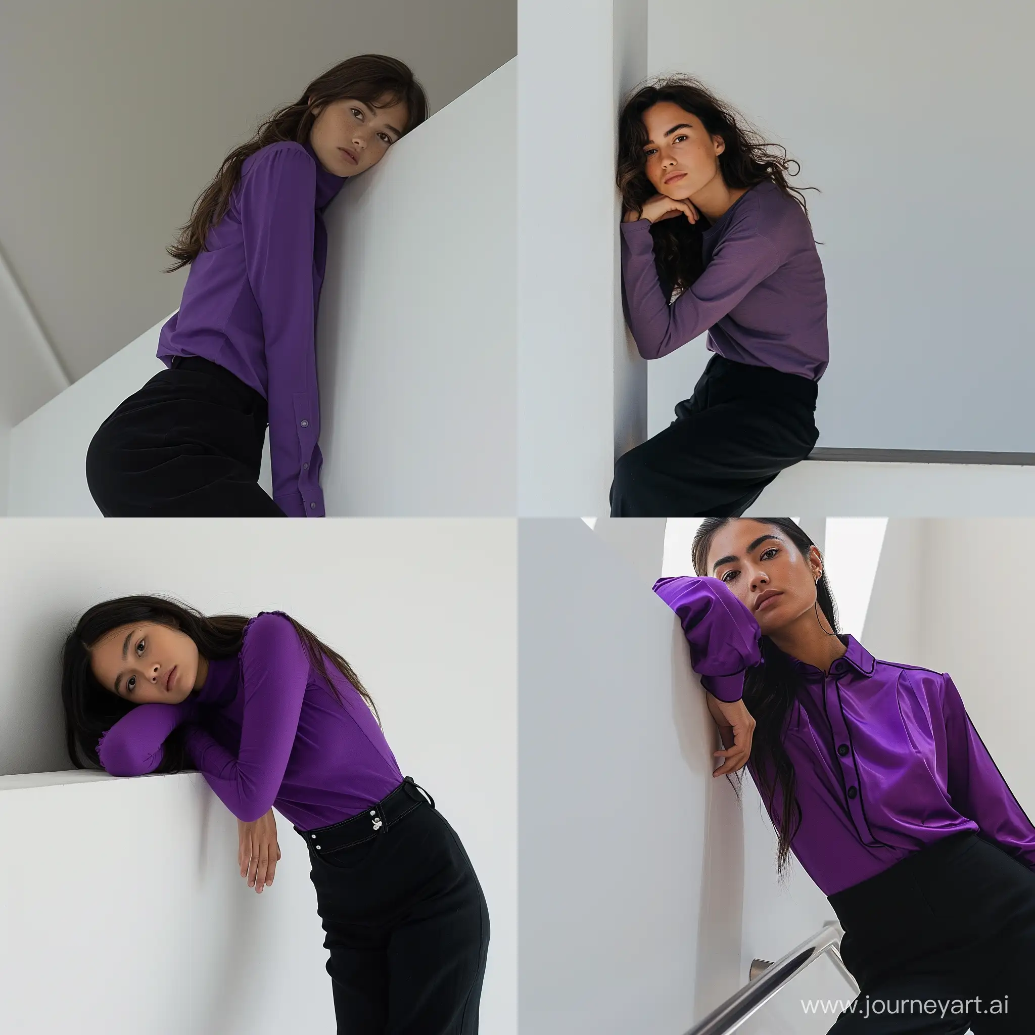 women in purple long sleeve shirt and black pants leaning on white wall half body