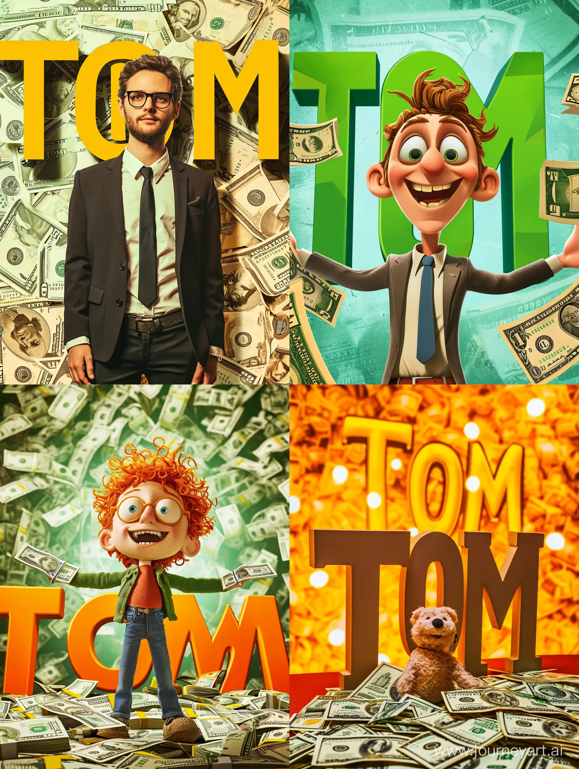 яркая картинка с персонажем, много денег, фон большие буквы "Tom"