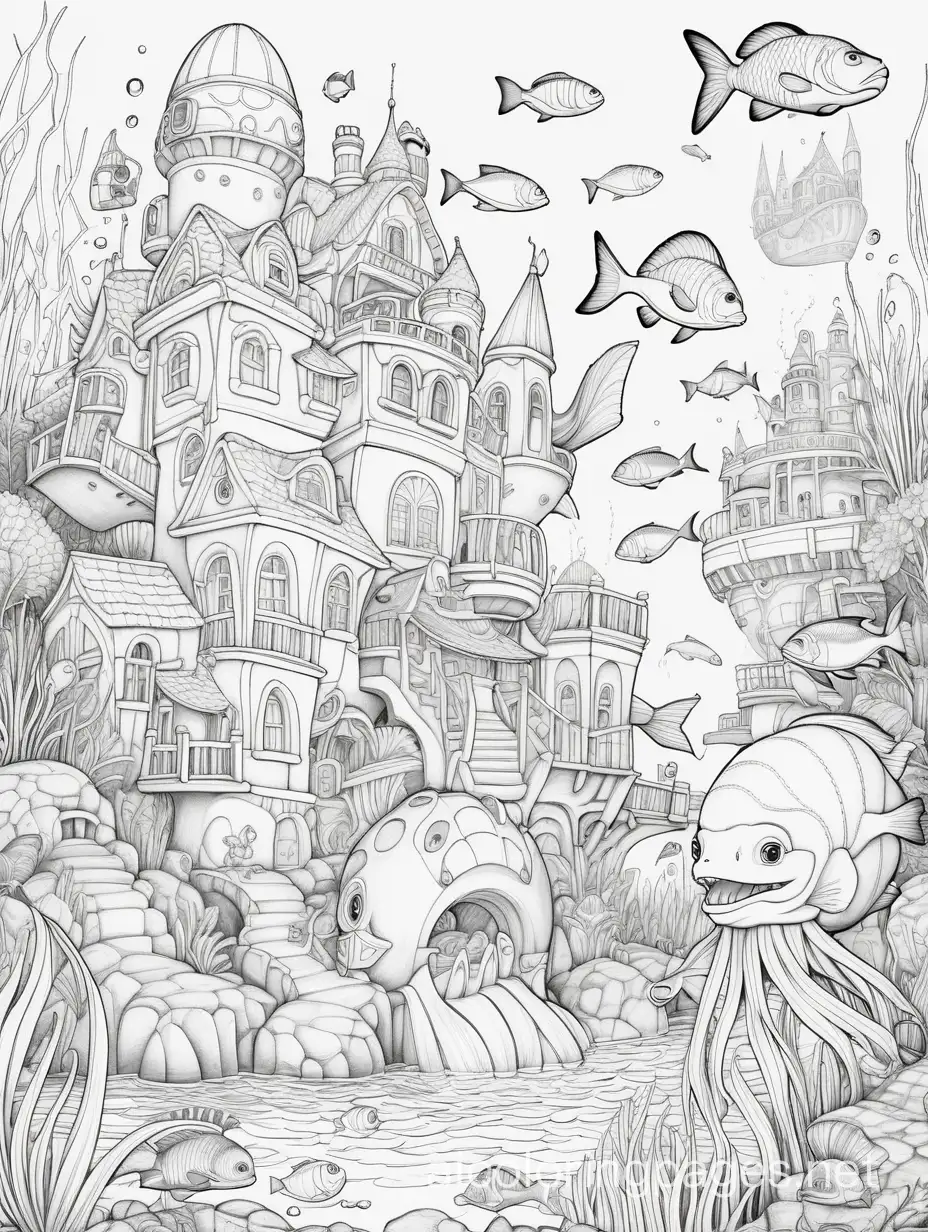 an underwater fantasy world with floating buildings and lots of detail, humanoid armored sea creatures drifting around, busy landscape, Coloring Page, black and white, line art, white background, Simplicity, Ample White Space. The background of the coloring page is plain white to make it easy for young children to color within the lines. The outlines of all the subjects are easy to distinguish, making it simple for kids to color without too much difficulty