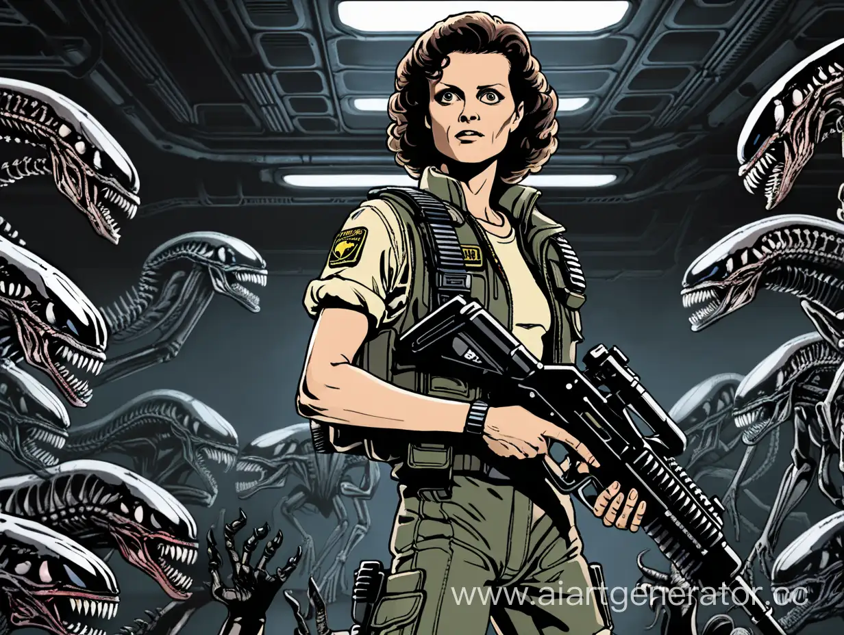 Ripley stands with a rifle in his hands in front of a group of xenomorphs