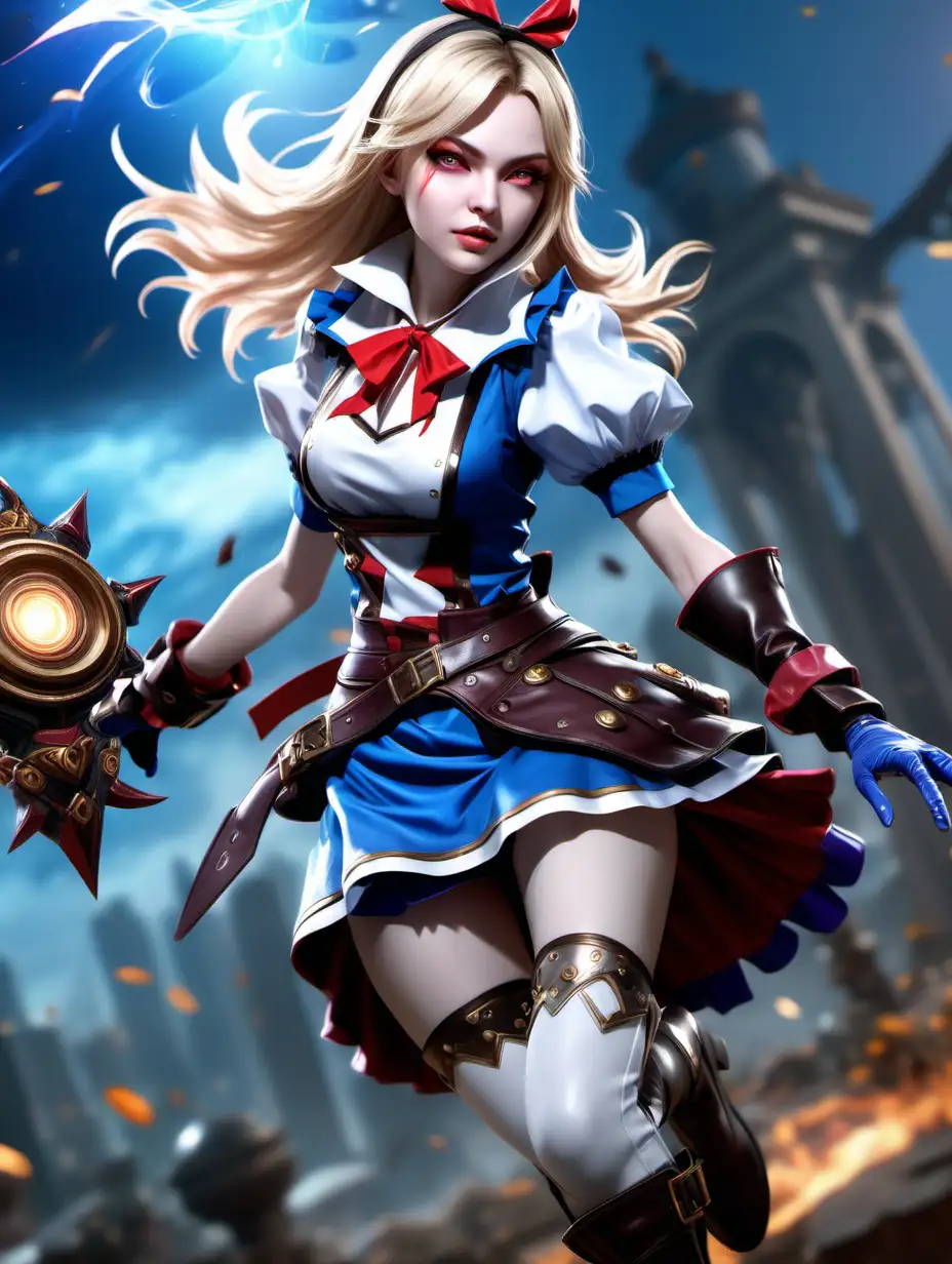 (cinematic lighting) Alice  is mobile legends character, wear boots, in game action, full body photo, angle from below, intricate details, detailed face, detailed eyes, hyper realistic photography,
