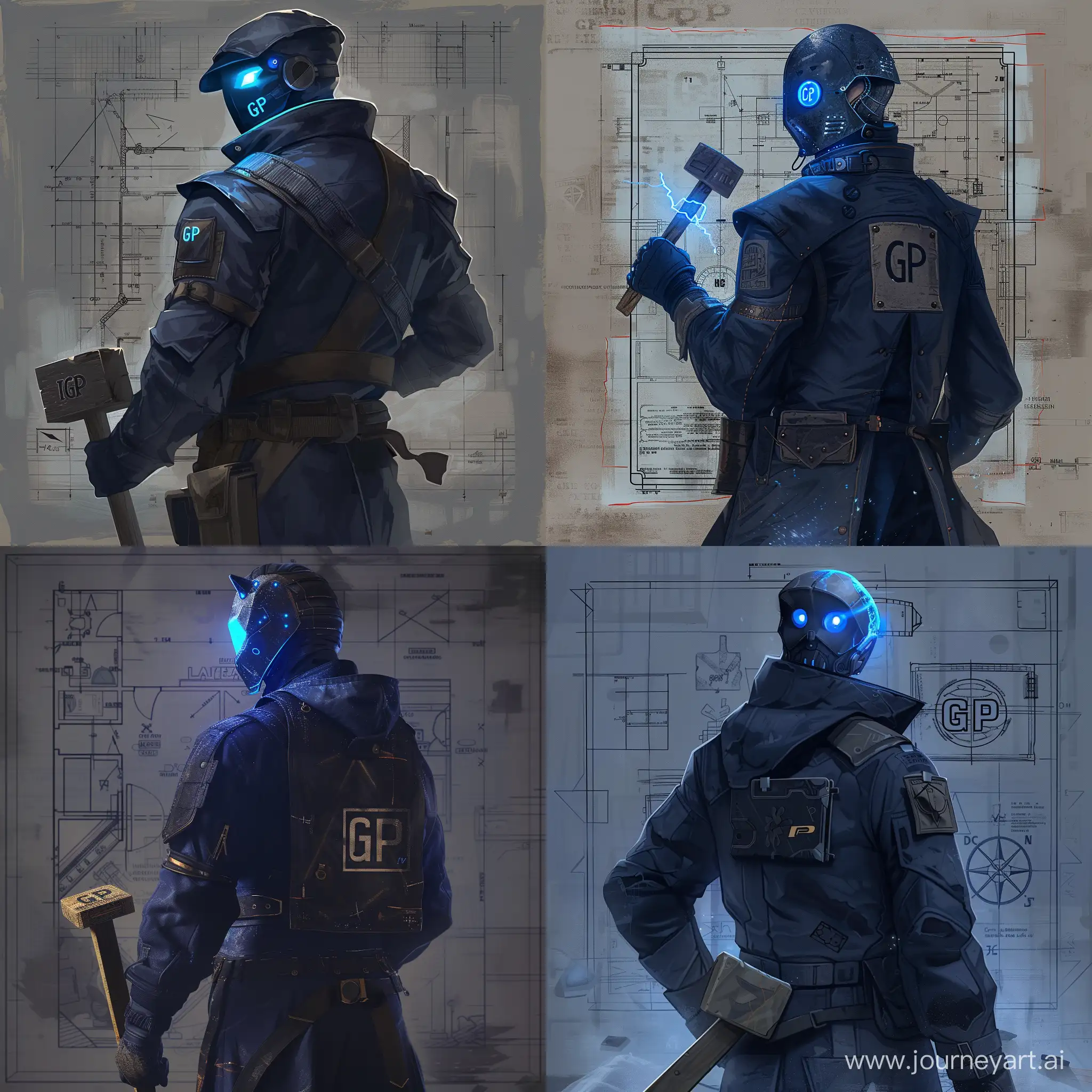 character dressed in a dark-blue uniform and mask, he holding small square wooden mallet in hand, he has glowing blue eyes, and a long jacket with the inscription GP, character staying his turned back and looking behind throught his shoulder, there is an old blueprint on background.