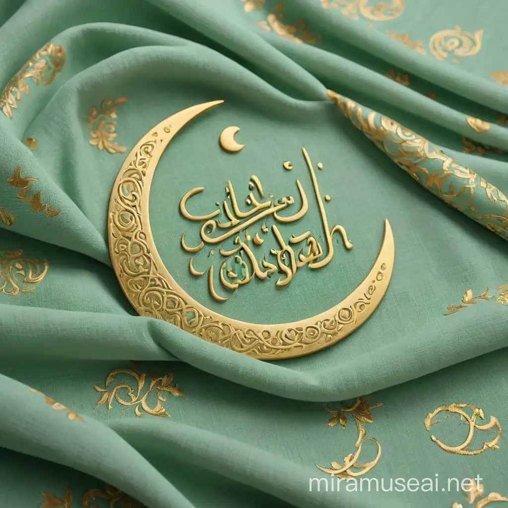 Eid Mubarak Celebration English Calligraphy Font on Pastel Green Fabric with Moon Printing Machine