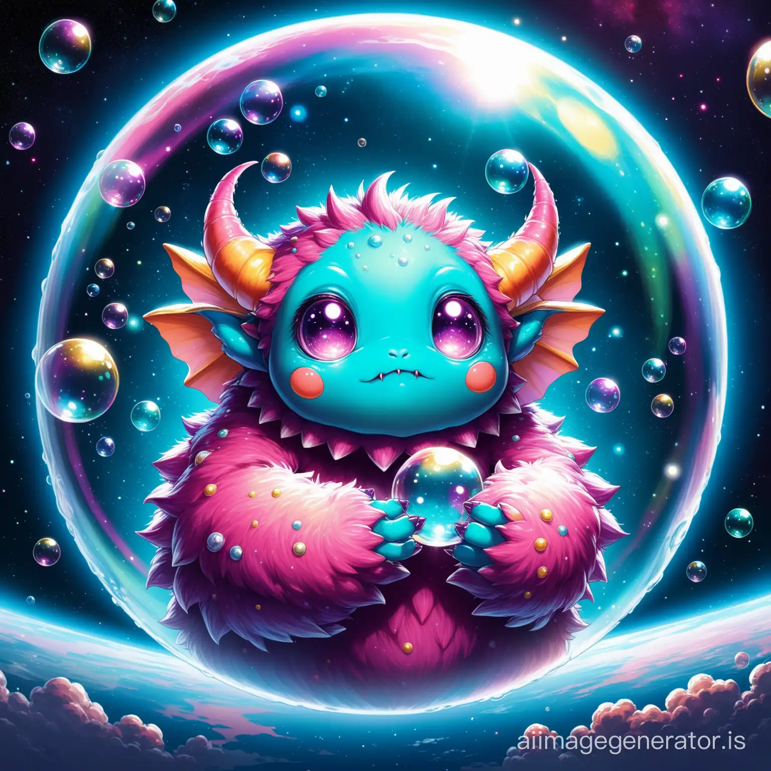 A baby monster holding a big bubble in his hands.
This monster child is in space
The details are beautifully evident