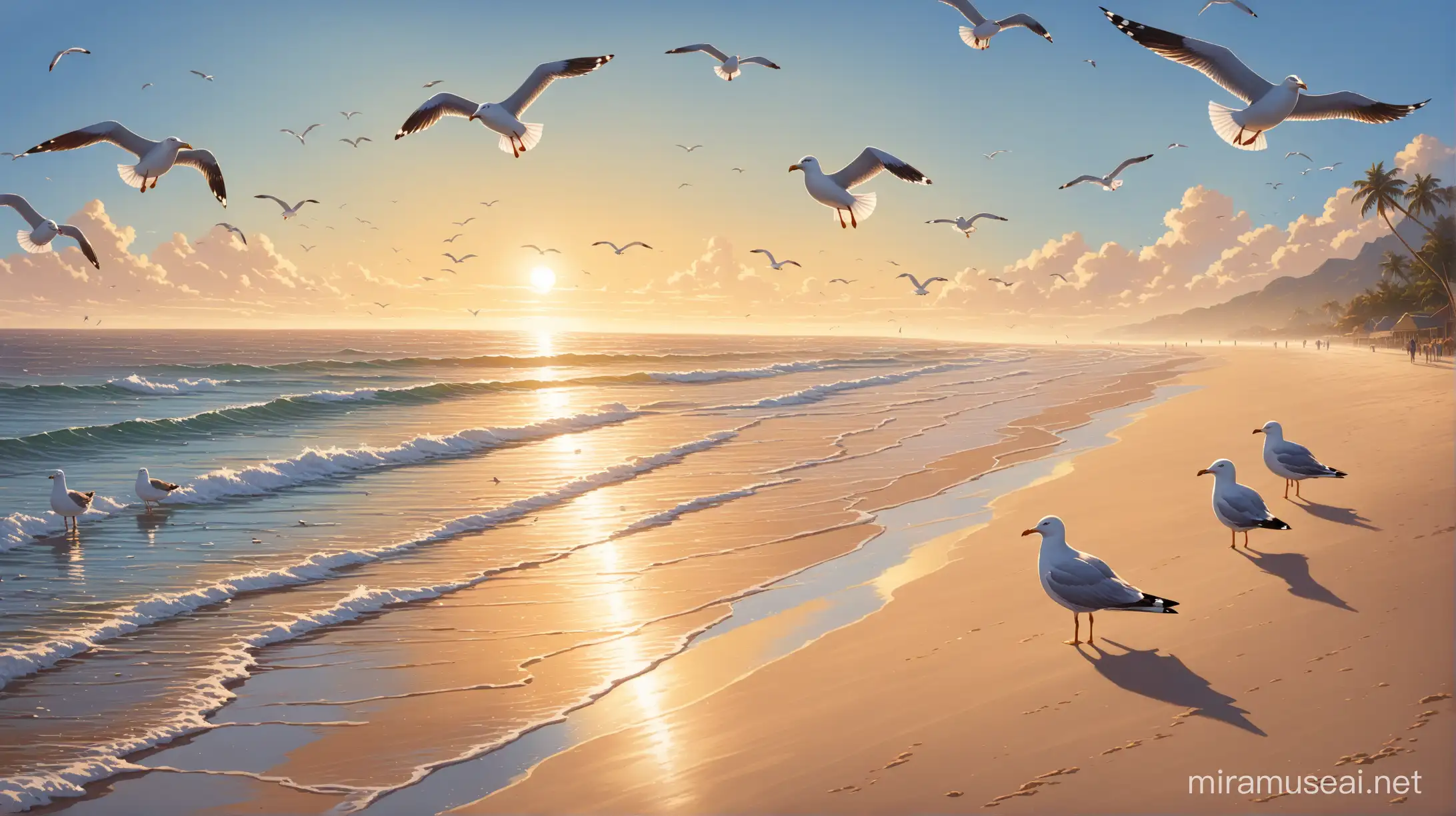 Detailed Morning Scene at the Beach with Seagulls and Birds