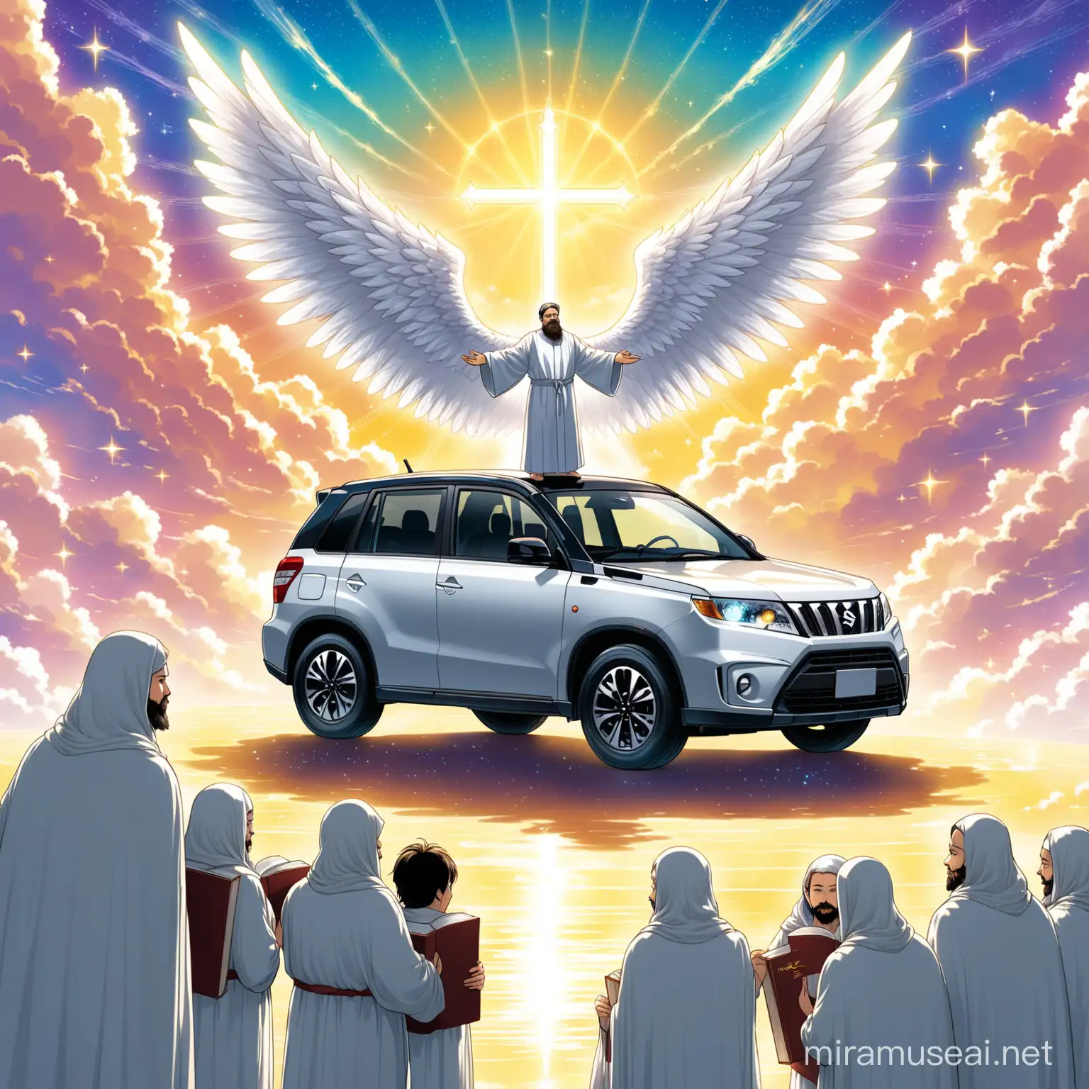 A silver Suzuki Vitara with angel wings is at the gates of heaven meeting a bearded saint with a large book