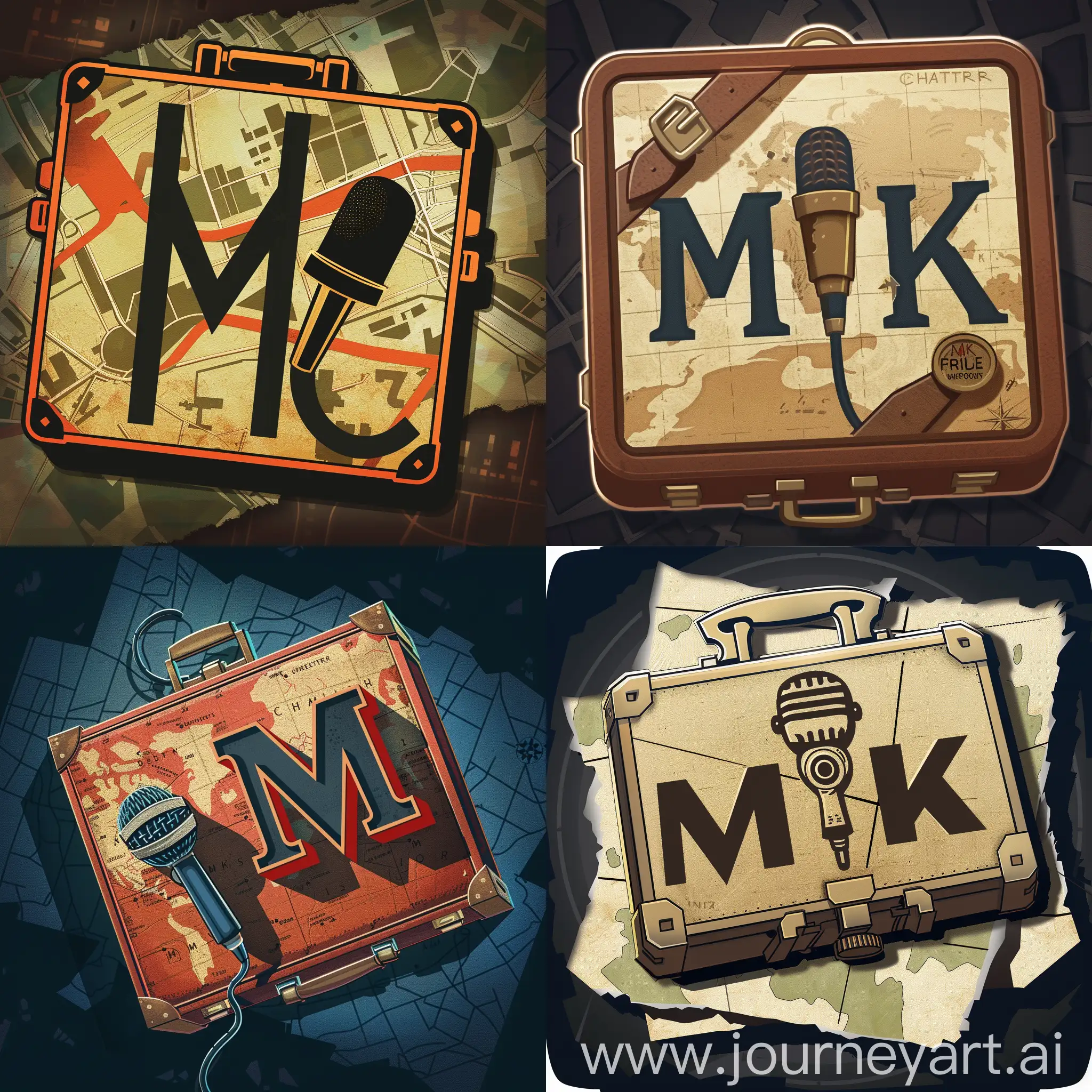 Create a logo/icon for CHATTER from the UNDERGROUND, a BRIEFCASE with the letters "M" and "K" with a  microphone, map background, dynamic, shadows, mystery, spy