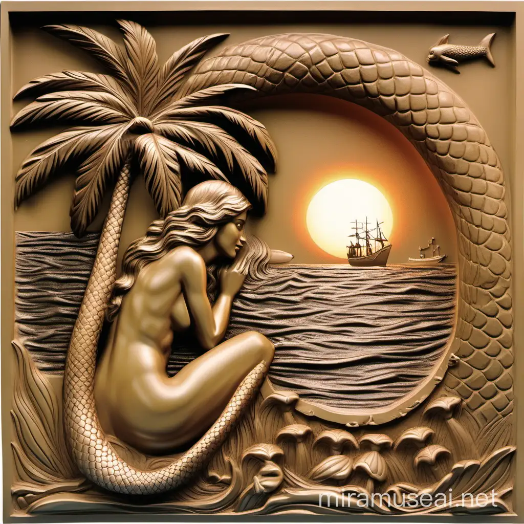 bas-relief, of a mermaid, under a palm tree, on the shore, looking out at the water, with a ship, at sunset