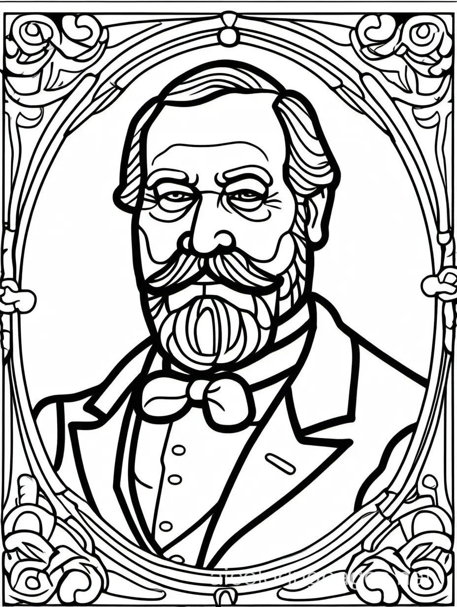 outline of President James A. Garfield with thick lines for a kids coloring page, Coloring Page, black and white, line art, white background, Simplicity, Ample White Space. The background of the coloring page is plain white to make it easy for young children to color within the lines. The outlines of all the subjects are easy to distinguish, making it simple for kids to color without too much difficulty