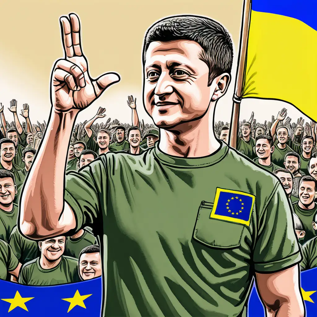 Create a vivid image of President Volodymyr Zelenskyj, wearing an army green t-shirt, and waving with the EU flag. The image must be in the style of Matt Wuerker.