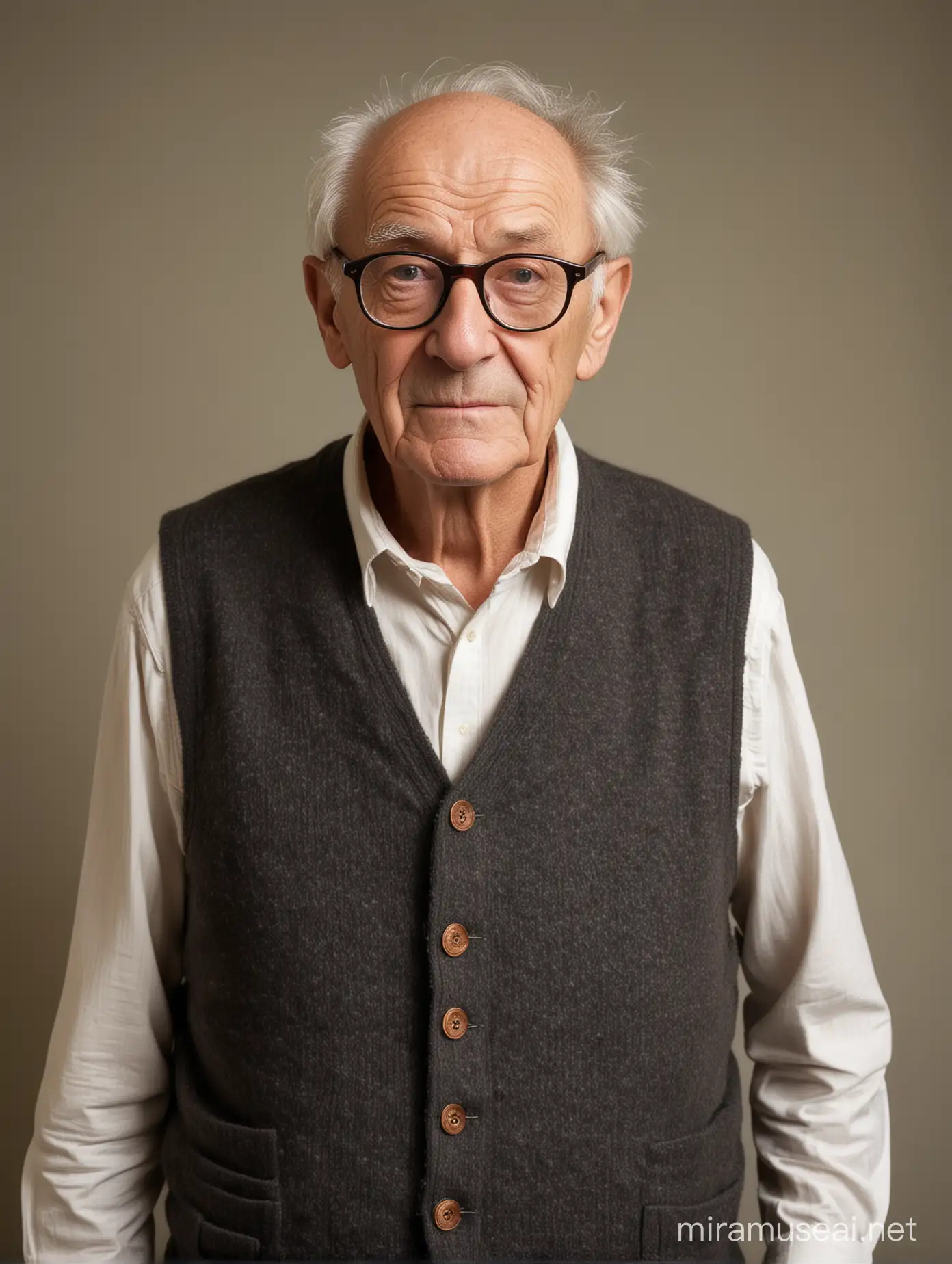 80 years old man, skinny, loose skin, wrinkles, big glasses, wool vest, scapular, school porter