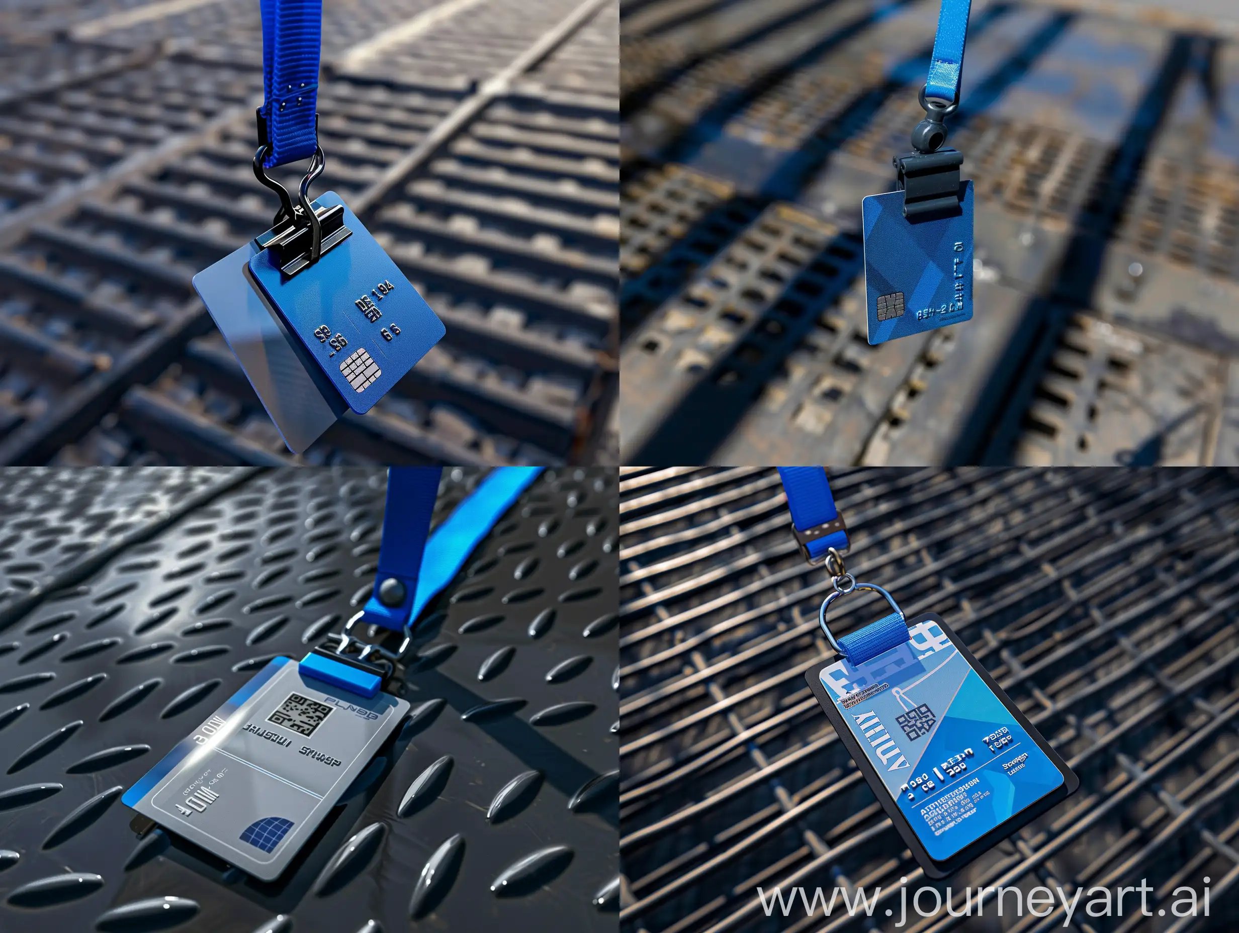 hanging event ID PVC card with a blue strap with a black metal background , highly detailed, high quality