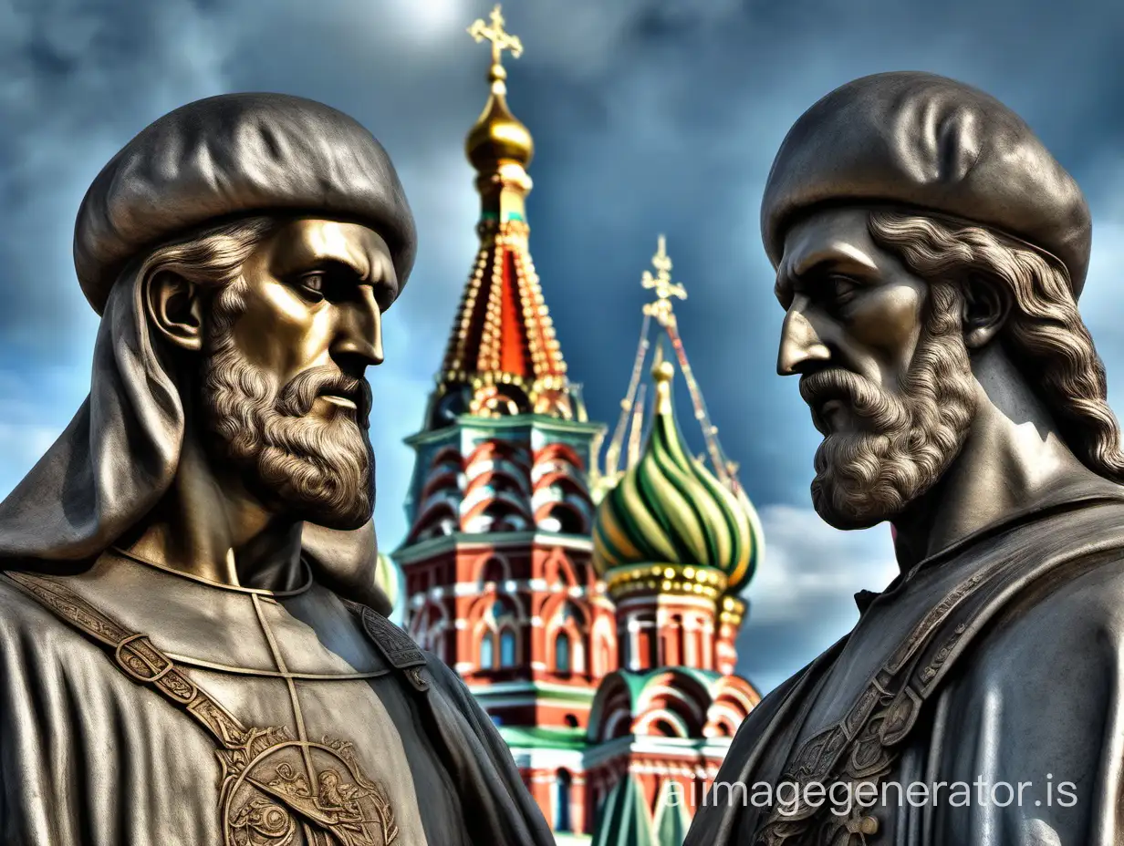 super realistic Minin and Pozharsky in close-up epicly stand and look into the camera, they resemble the image from the monument of Martos, but more realistic, in the distance behind, Moscow of the 16th century is visible, Rus', the atmosphere of Russia, an image like in a history textbook, vivid picture, 16K HDR, well-drawn