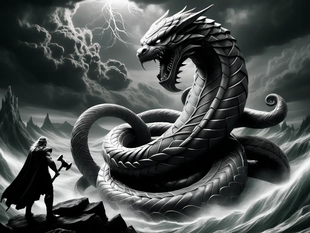Show an original,  ancient Norse version of Thor with Jormungandr. Show me the image in grayscale. Also, show Jormungandr, the great serpent, looming large in the distance, in the background, facing Thor.