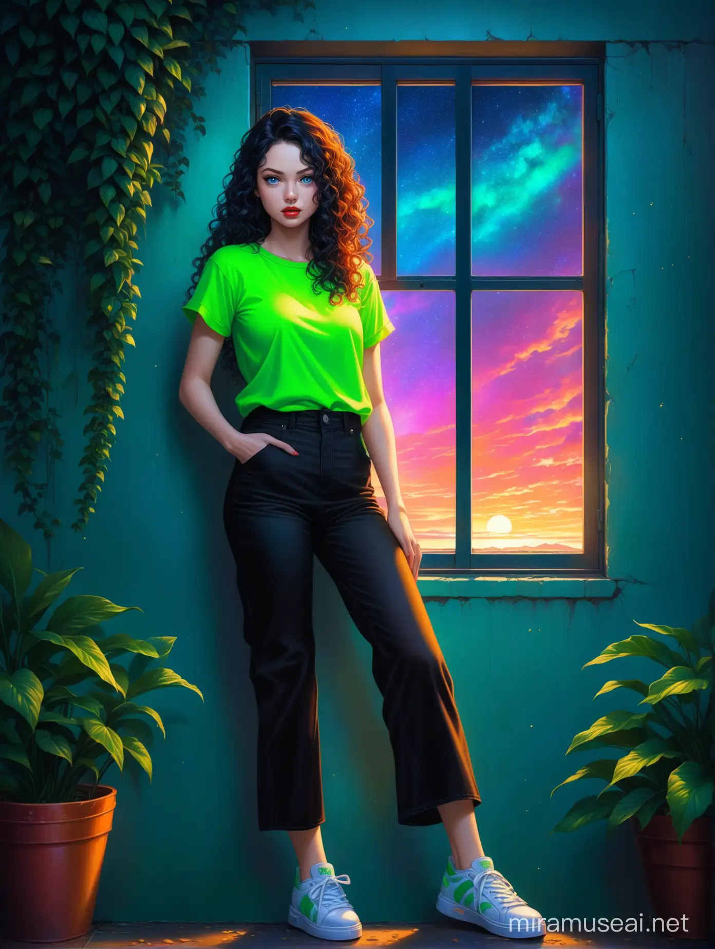 Aivision, strong neon colors, full body of beautiful young women with dramatic expression, prety blue eyes , curly hair, , full red lips, black hair, She wears a green undershirt and wide leg  black jeans , she wears amazing sneakers in neon colors,full body . she looks out the window anxiously ,colorful spring environment ,image realistic, realistic facial features, Fairy Tail, Extremely detailed , intricate , beautiful , fantastic view , elegant , crispy quality Federico Bebber's expressive, full body, Coordinated colours, night