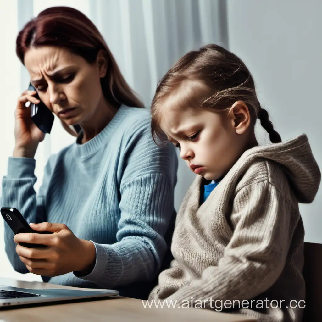 уставшая мама сидит в телефоне работает, а рядом с ней грустный ребенок и тянет на кофту