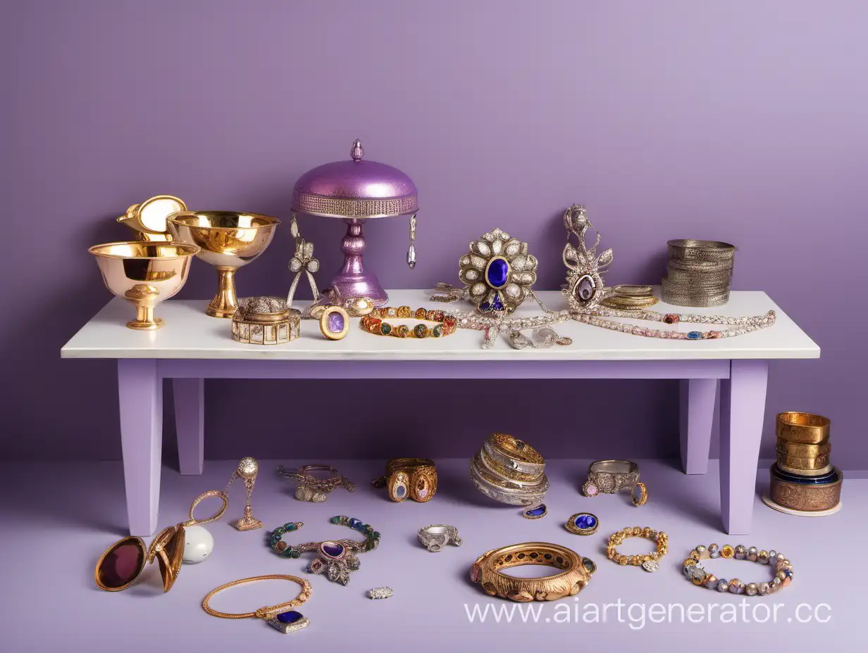 Шведский стол с ювелирными украшениями на светло-фиолетовом фоне