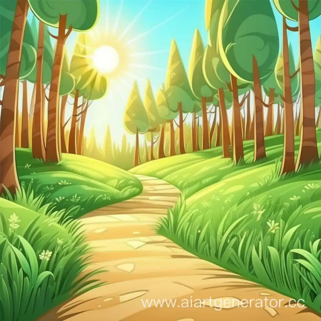 forest grass road suny day cartoon style