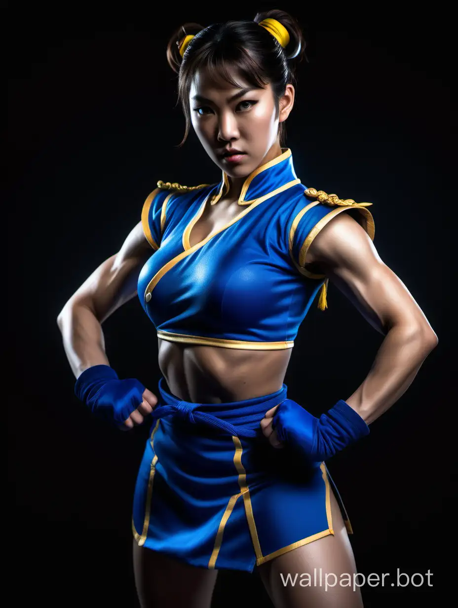 A beautiful and sexy 25 year old Asian female dressed as Chun-Li from the Streetfighter video game stares at you, realistic skin texture, black background, sharp focus, front view, high contrast, strong backlighting, action film dark color LUT, cinematic LUT