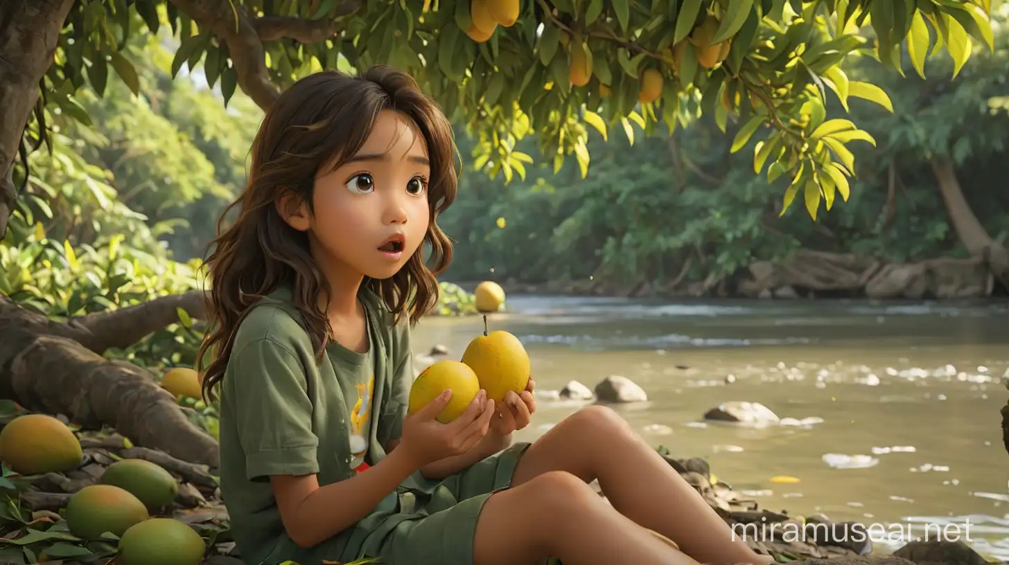 /imagine prompt: 3D, personality: The long shot of the young girl eating a mango. The tree next to the riverbank is full of mangoes and highlights the yellow mangoes. unreal engine, hyper-real --q 2 --v 5.2 --ar 16:9