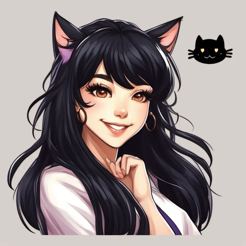 Cheerful Twitch Emote Adorable CatEared Woman with Long Black Hair