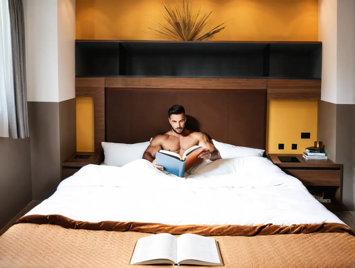 Handsome Man Reading Book on Bed