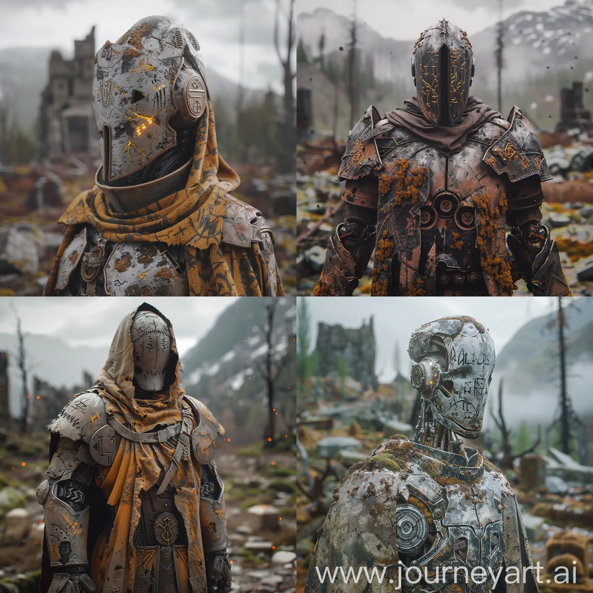 Masterpiece, 4k, unreal engine m5, volumetric lighting, dof, bokeh, hyper realism, adof, vignette, dust, moss, scarred, burnt, runic, runes, paladin, holy, light, magic, scorcerer, mech, robot, warforged, dnd, light armour, dark fantasy, fantasy featureless helmet, highly detailed, tattered robes, burnt robes, destroyed land, castle ruins in background, burnt wood, unmarked tombs, mountainous background, dead forest