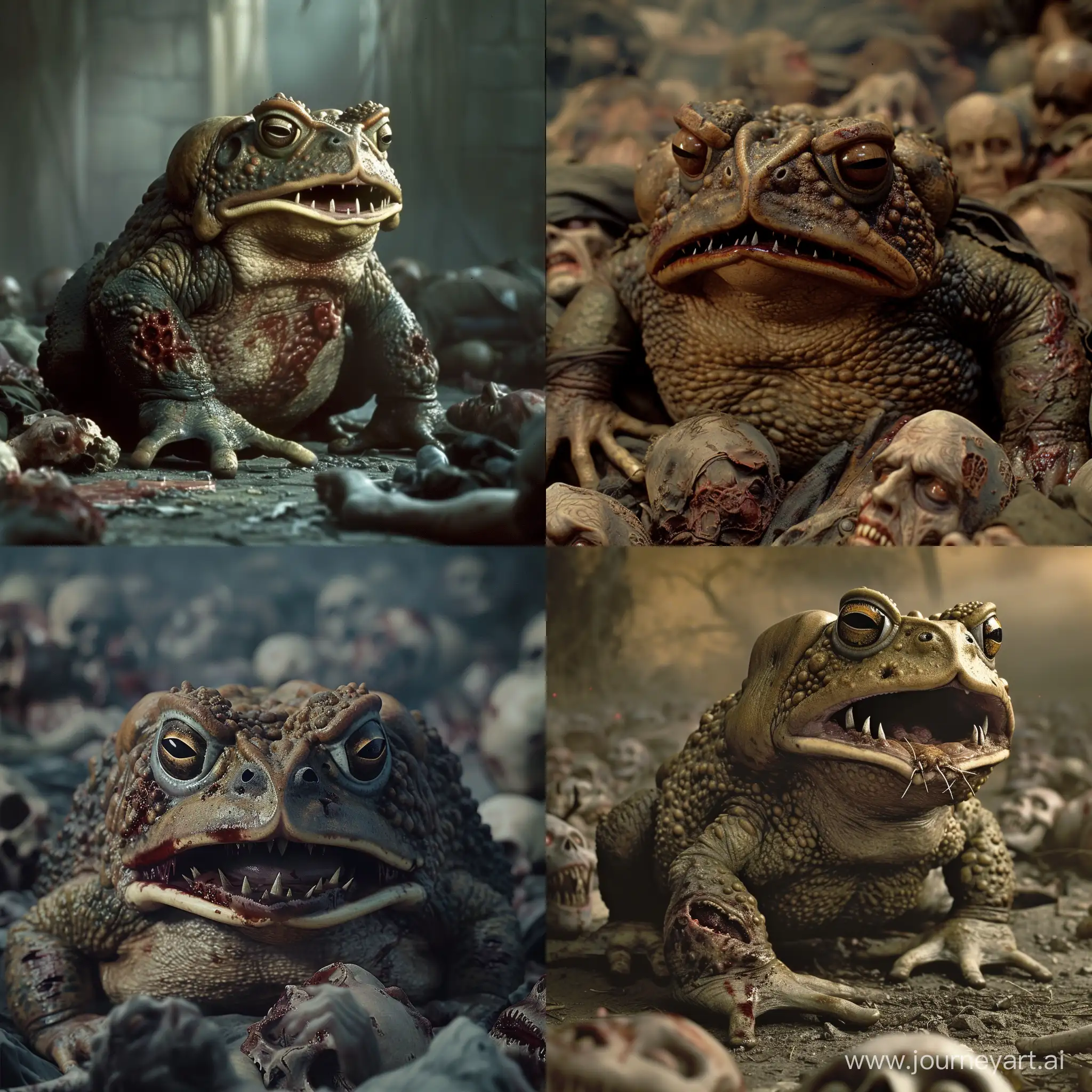 dvd screengrab anthropomorphic toad with fangs and sores among corpses as dark fantasy style 