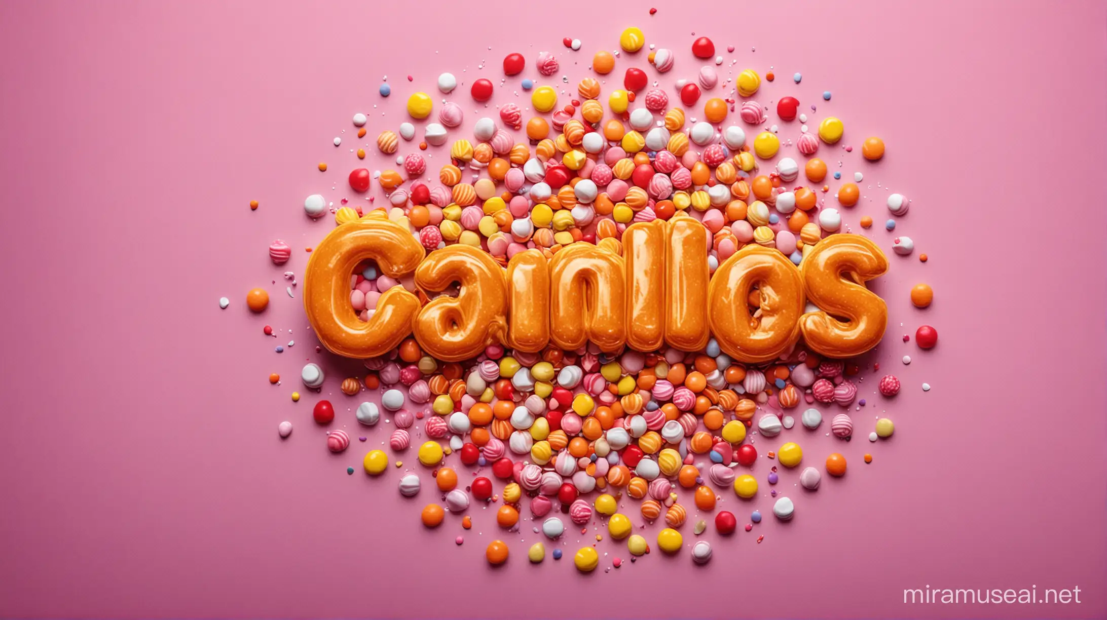Create an innovative and original advertisement image for a candies. The background should be yellow and include various candies.