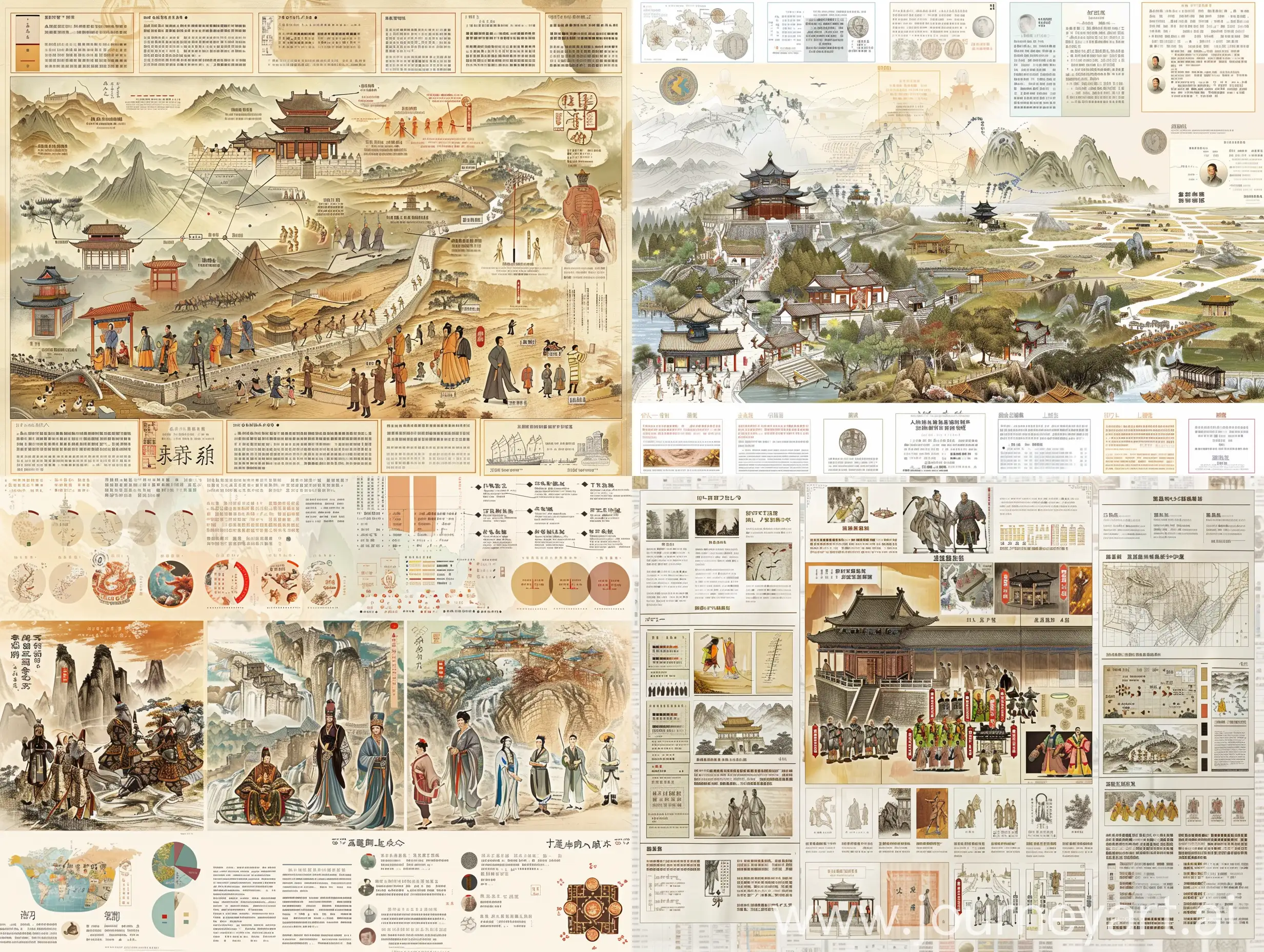 生成一张，描述春秋战国时期的历史人文与工艺美术作品的信息可视化图谱,还有历史时期的发展海报