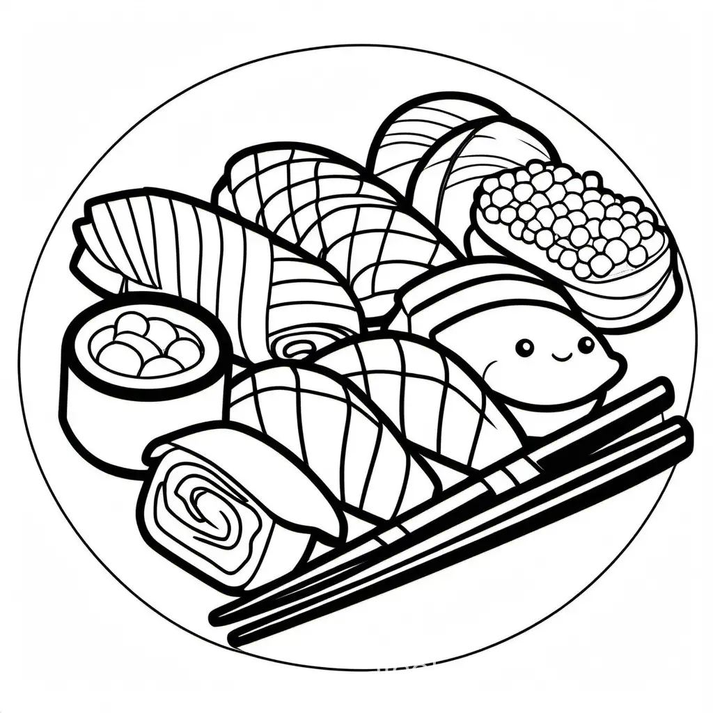 Sushi  bold line and easy , Coloring Page, black and white, line art, white background, Simplicity, Ample White Space. The background of the coloring page is plain white to make it easy for young children to color within the lines. The outlines of all the subjects are easy to distinguish, making it simple for kids to color without too much difficulty