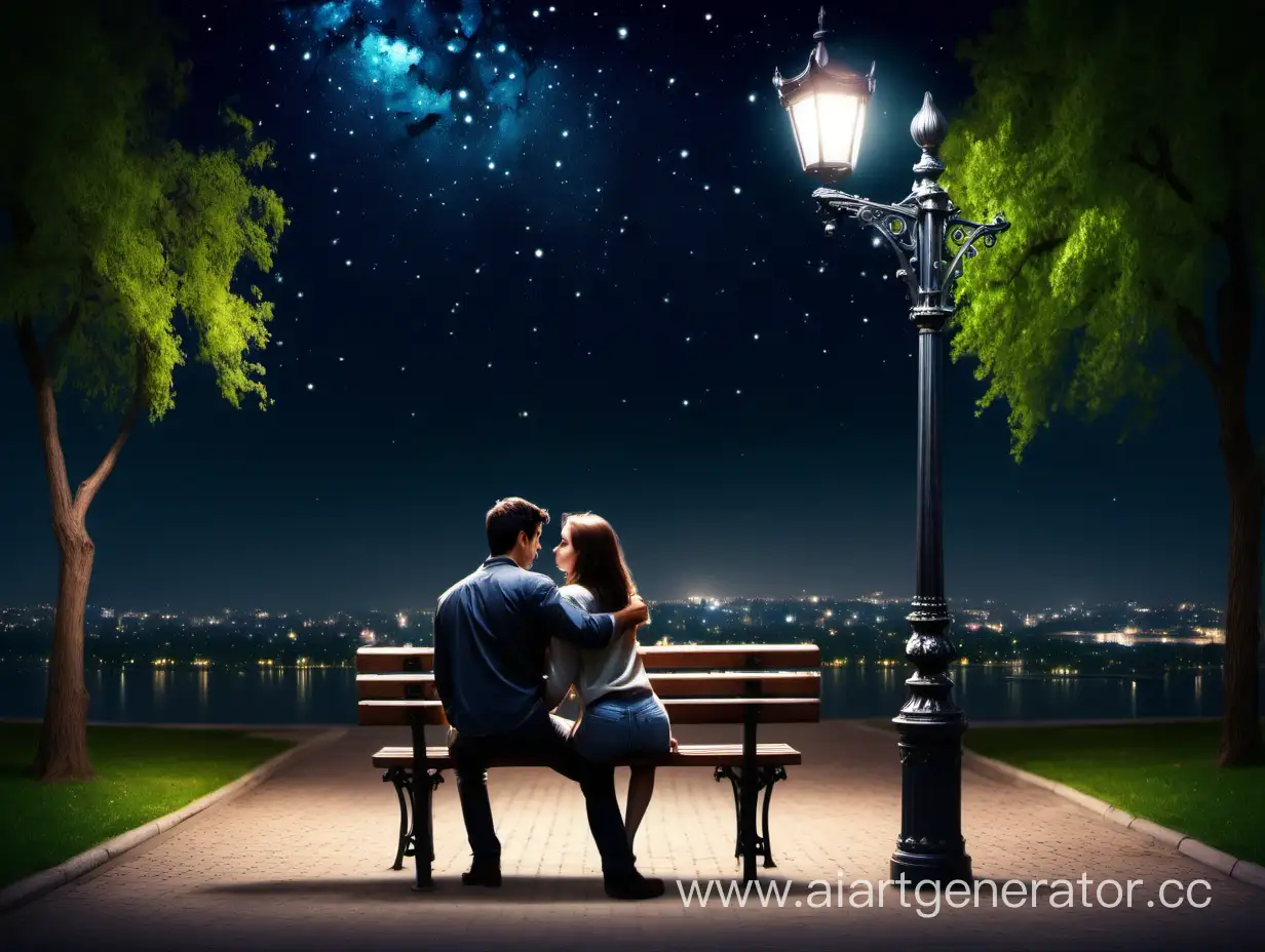 ночь,  звездное небо, парк, уличный фонарь, скамейка, симпатичный темноволосый обнимает красивую девушку