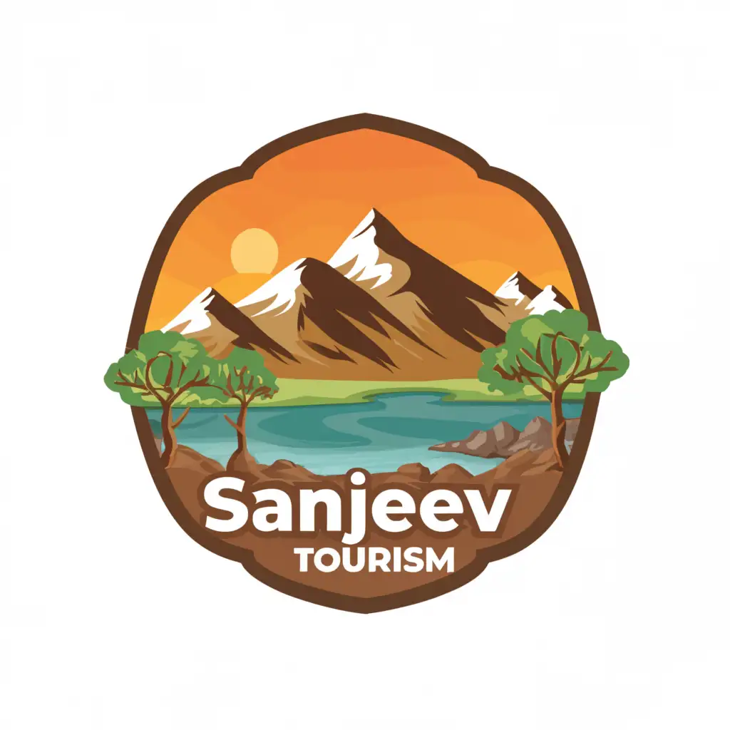 a logo design,with the text "Sanjeev Tourism", main symbol:The logo features a stylized depiction of a serene landscape, with elements like mountains, trees, and possibly a body of water such as a lake or river, evoking a sense of natural beauty and adventure. The landscape is rendered in soothing, earthy tones to convey a feeling of relaxation and tranquility.

In the foreground, there may be an iconic landmark or architectural element that represents the destination or region where the resort is located. This could be a historic building, a famous monument, or a distinctive natural feature, adding a sense of place and uniqueness to the logo.

Surrounding the central imagery, subtle accents such as sun rays or starbursts may be incorporated to symbolize warmth, hospitality, and a sense of welcome. These elements help to convey the idea of an inviting and inclusive environment where guests can unwind and explore.

The typography used for the company name is clean, modern, and easy to read, reflecting professionalism and credibility. It may be accompanied by a tagline that reinforces the brand's values, such as "Discover Your Paradise" or "Where Adventure Awaits".

Overall, the logo design aims to communicate the brand's commitment to providing unforgettable travel experiences, blending natural beauty with comfort and luxury. It invites viewers to escape the everyday and immerse themselves in the wonders of the destination, promising a memorable journey filled with relaxation, discovery, and adventure.,Moderate,be used in Restaurant industry,clear background