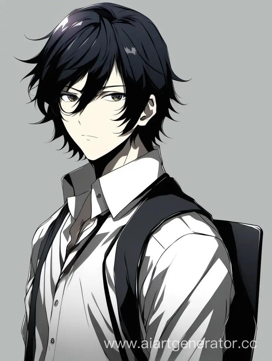 Мужчина с черными волосами длиной до плеч, каре, классическая одежда,
стиль аниме.