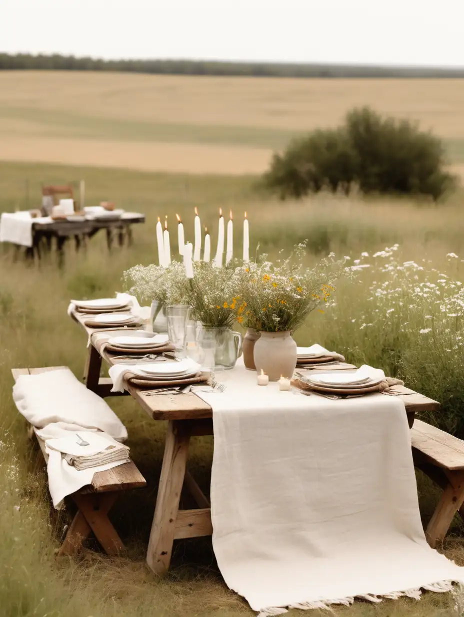 table set up for intimate lunch outdoors in an open country field with overgrown shrubs and flowers. table decorated in a rustic, neutral, organic style with linen napkins, pots of wildflowers, candles in rustic votive jars and a soft, white blanket throw used as a table runner. 