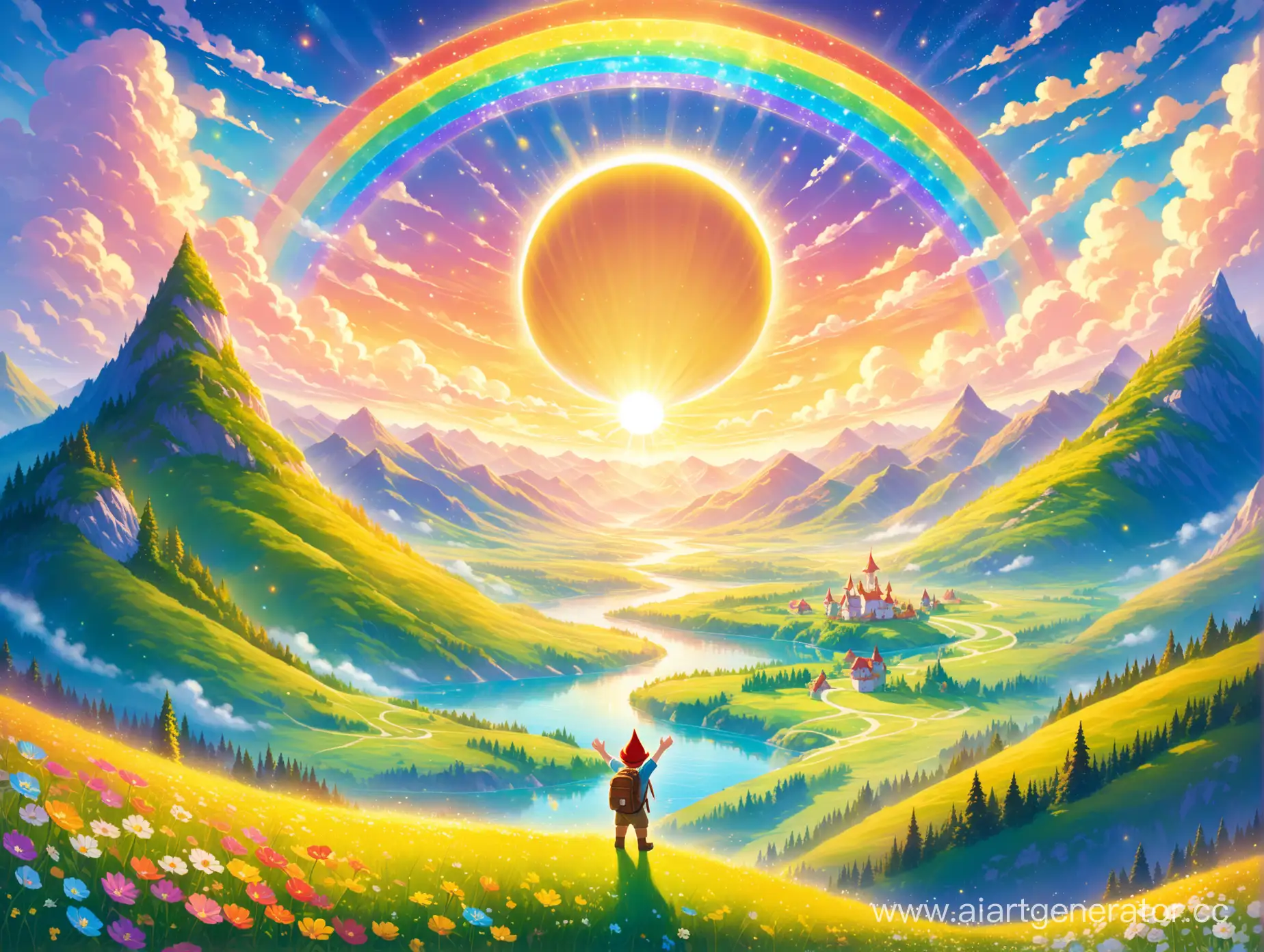 Curious-Boy-Vzhik-in-a-Magical-Landscape-with-Rainbow-Clouds-and-Dancing-Creatures