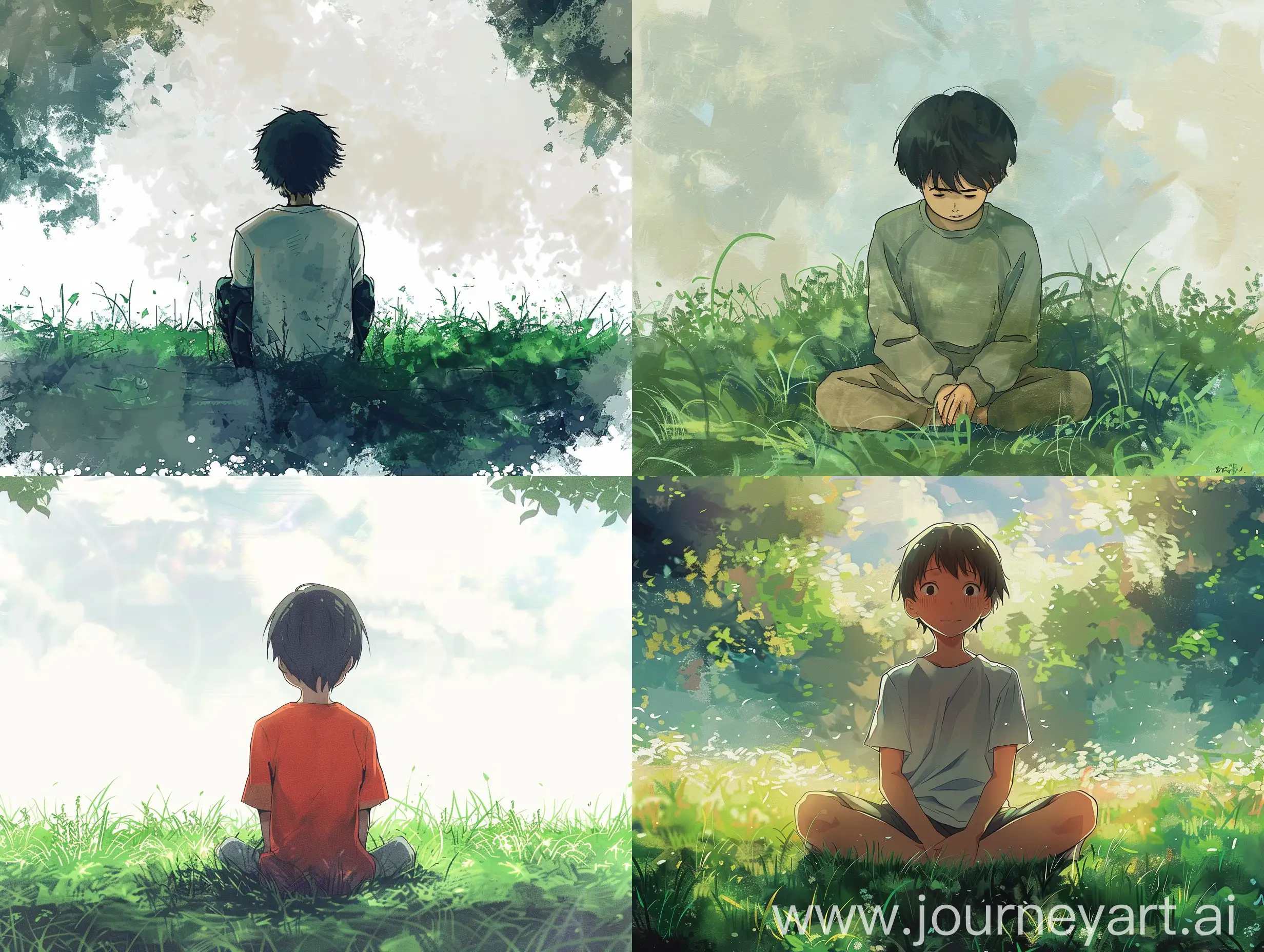a boy sitting on a grass, anime texture, front view