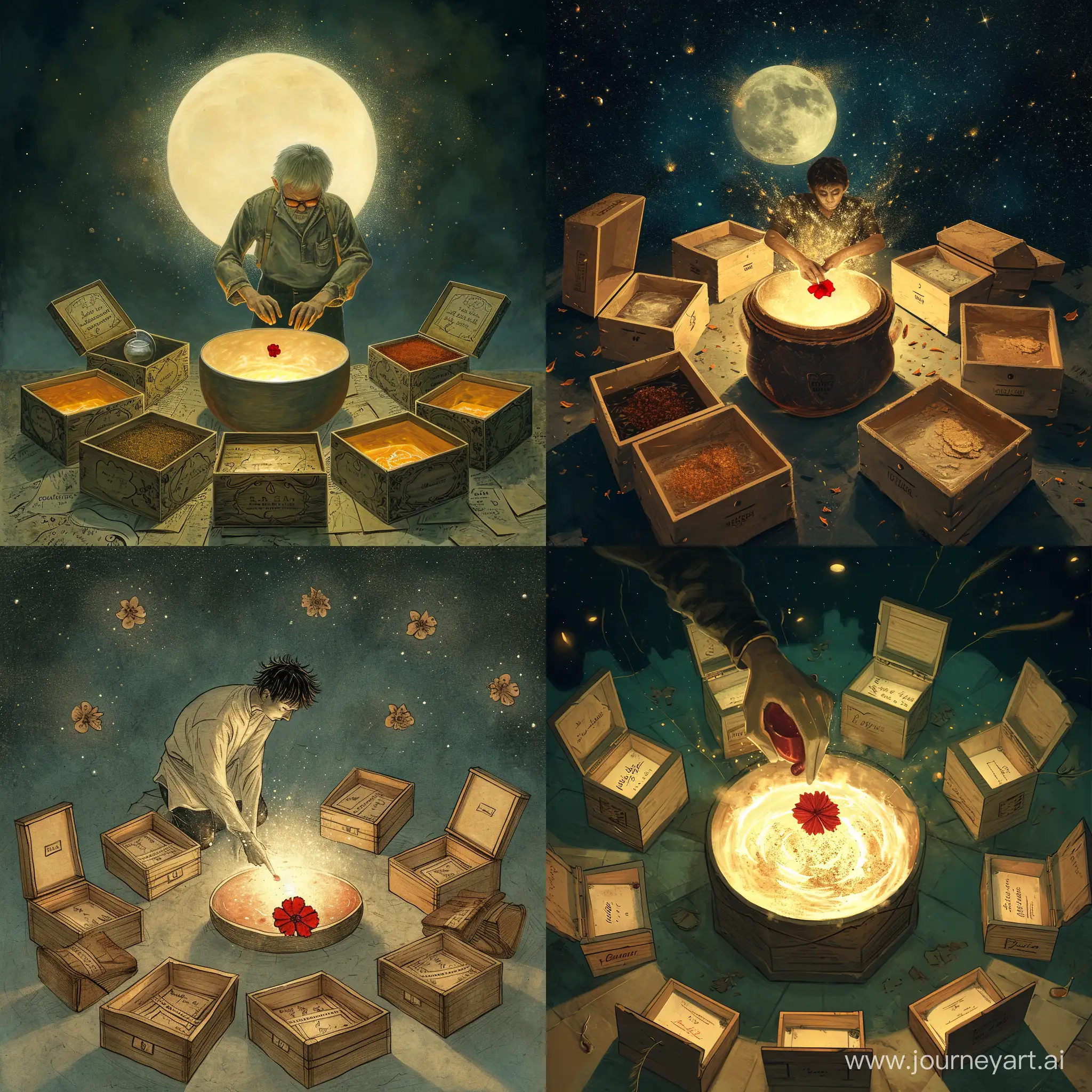 Moonlit-Alchemist-Crafting-Love-Infusion-with-Wooden-Boxes-and-Red-Carnation