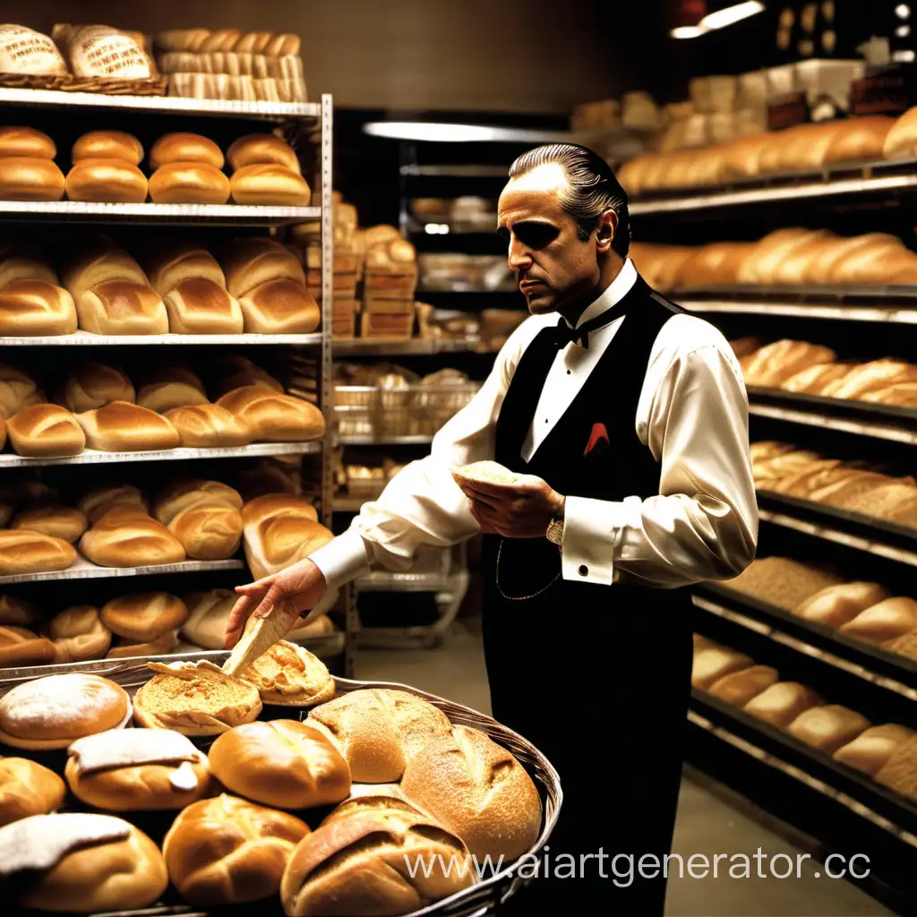 Крестный отец из фильма "крестный отец" с батоном хлеба в руках, на заднем плане стеллажи с различными видами хлеба и булочками.
